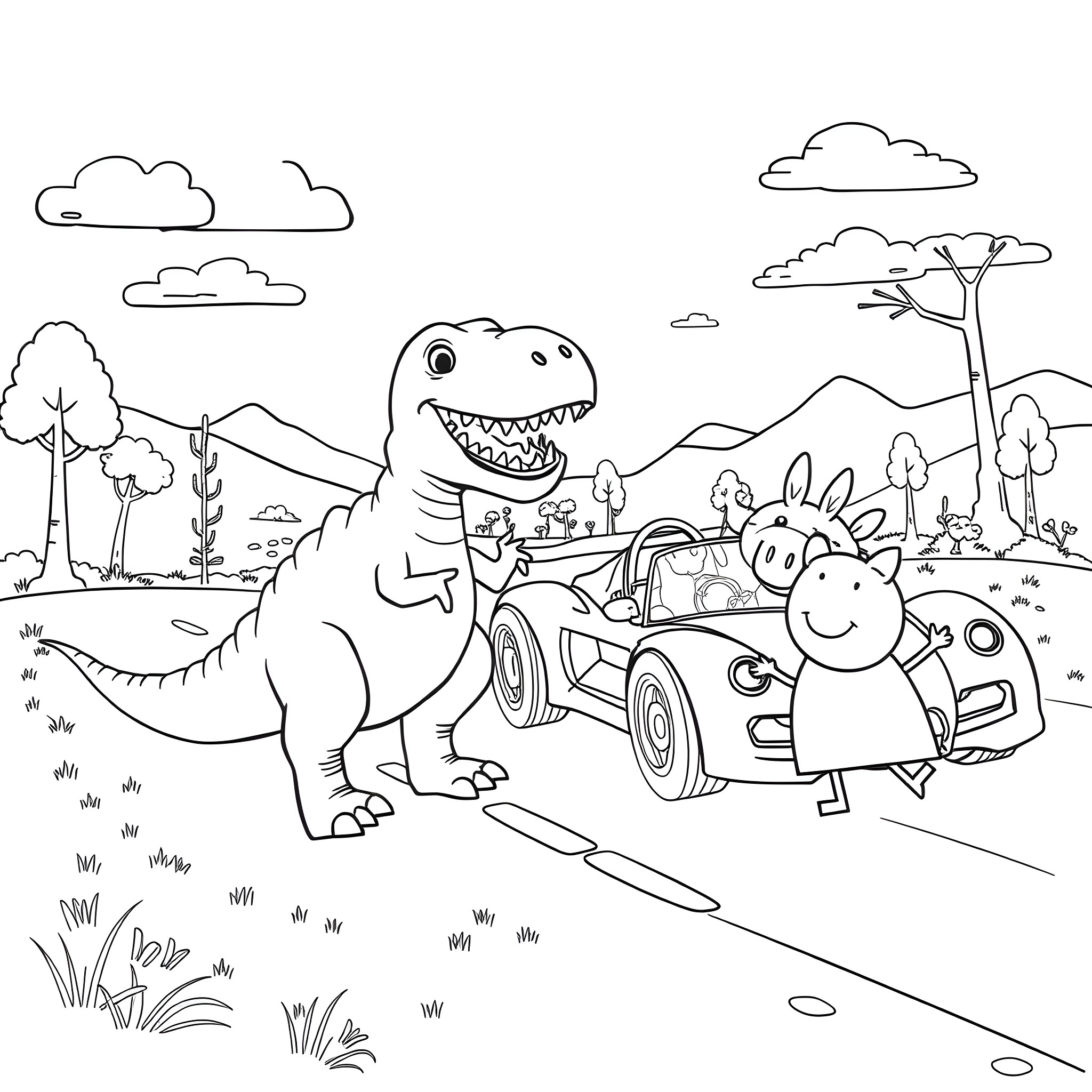 Dinosaur Enjoying a Joyride with Friends in Nature Coloring Page (free black-and-white line drawing printable PDF for all, from beginners to advanced learners, including children, teens, adults, and seniors)