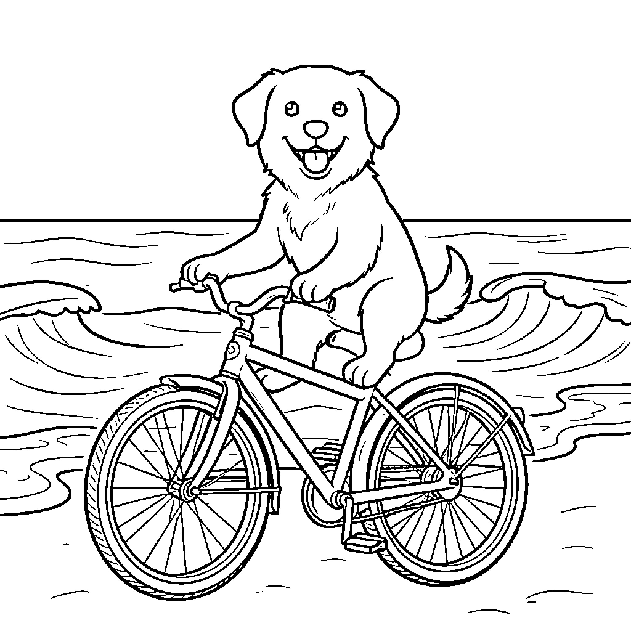 Dog riding a bicycle happily by the ocean waves Coloring Page (free black-and-white line drawing printable PDF for all, from beginners to advanced learners, including children, teens, adults, and seniors)