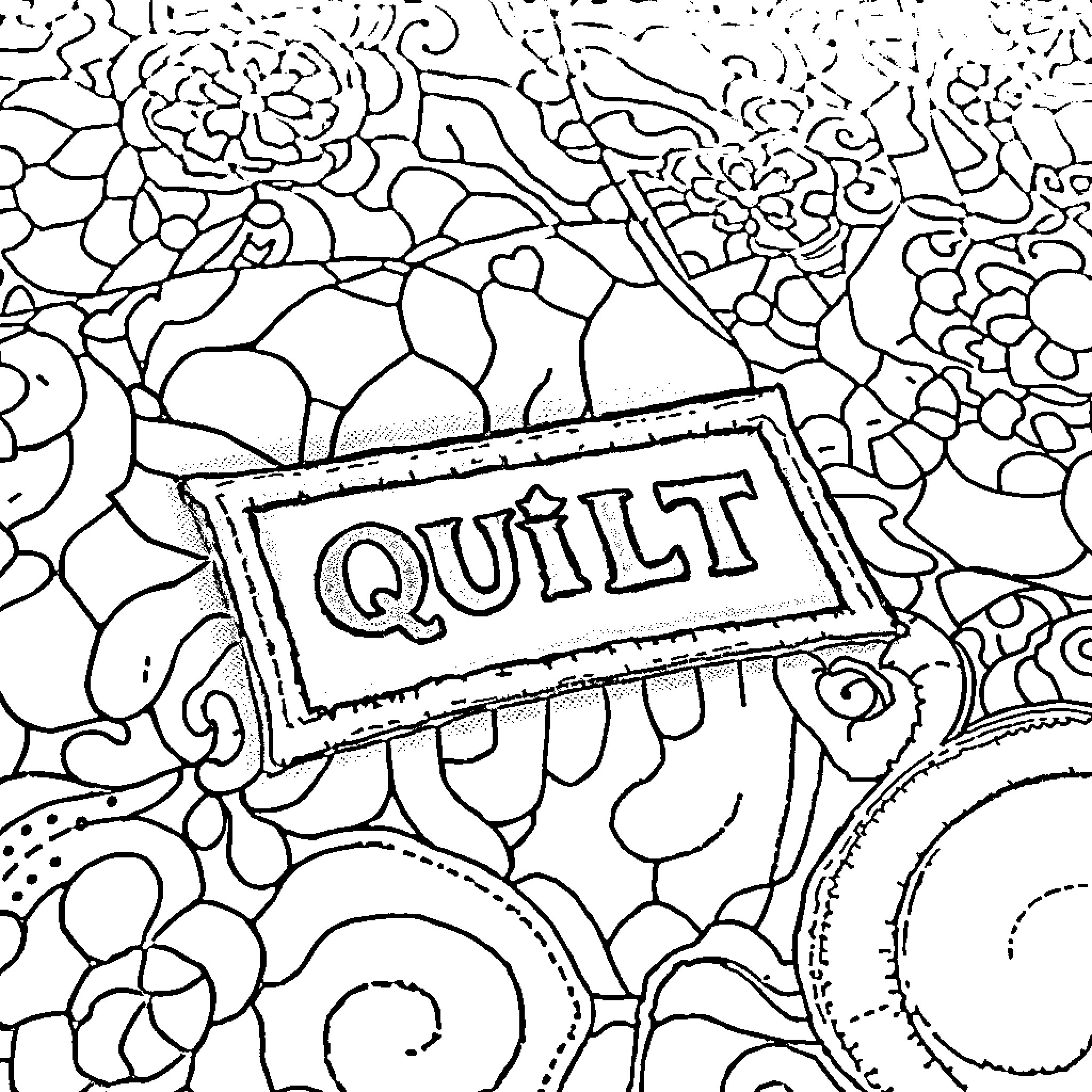 Quilt Label Featuring Abstract Floral Design Coloring Page (free black-and-white line drawing printable PDF for all, from beginners to advanced learners, including children, teens, adults, and seniors)