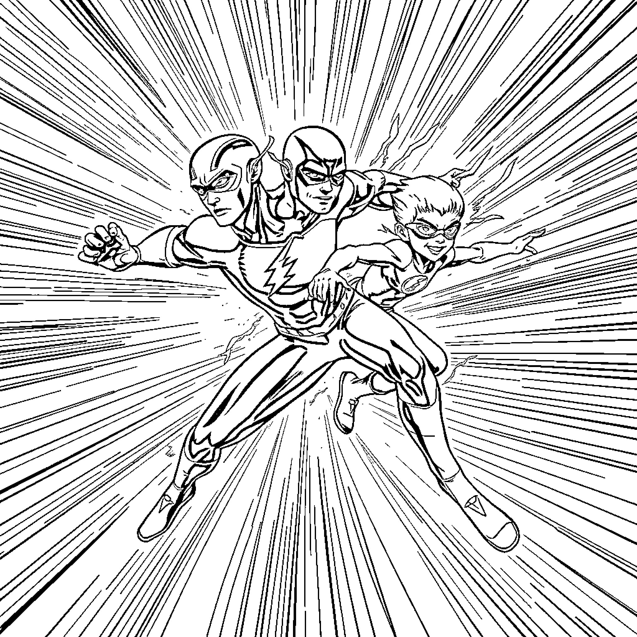 Flash Superheroes in Action Pose Coloring Page (free black-and-white line drawing printable PDF for all, from beginners to advanced learners, including children, teens, adults, and seniors)