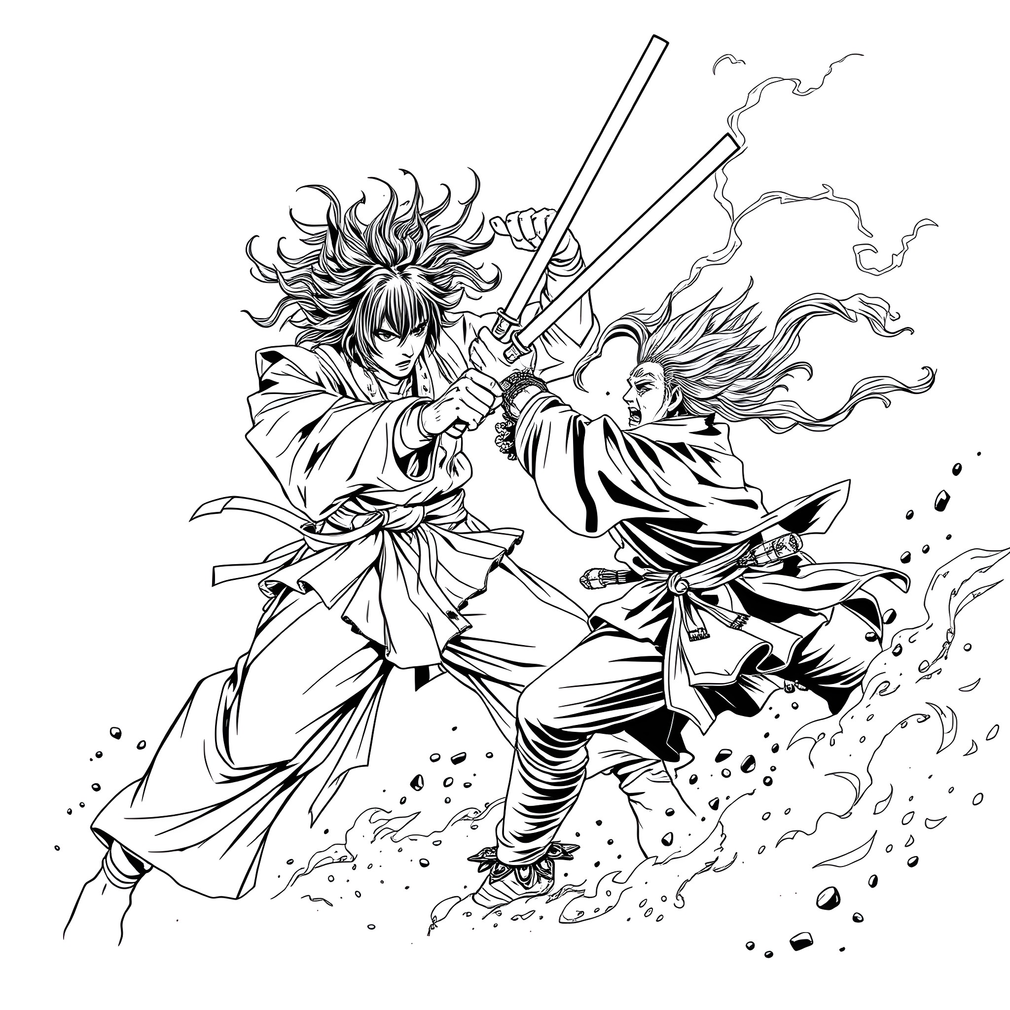 Tanjiro and Nezuko in intense battle Coloring Page (free black-and-white line drawing printable PDF for all, from beginners to advanced learners, including children, teens, adults, and seniors)