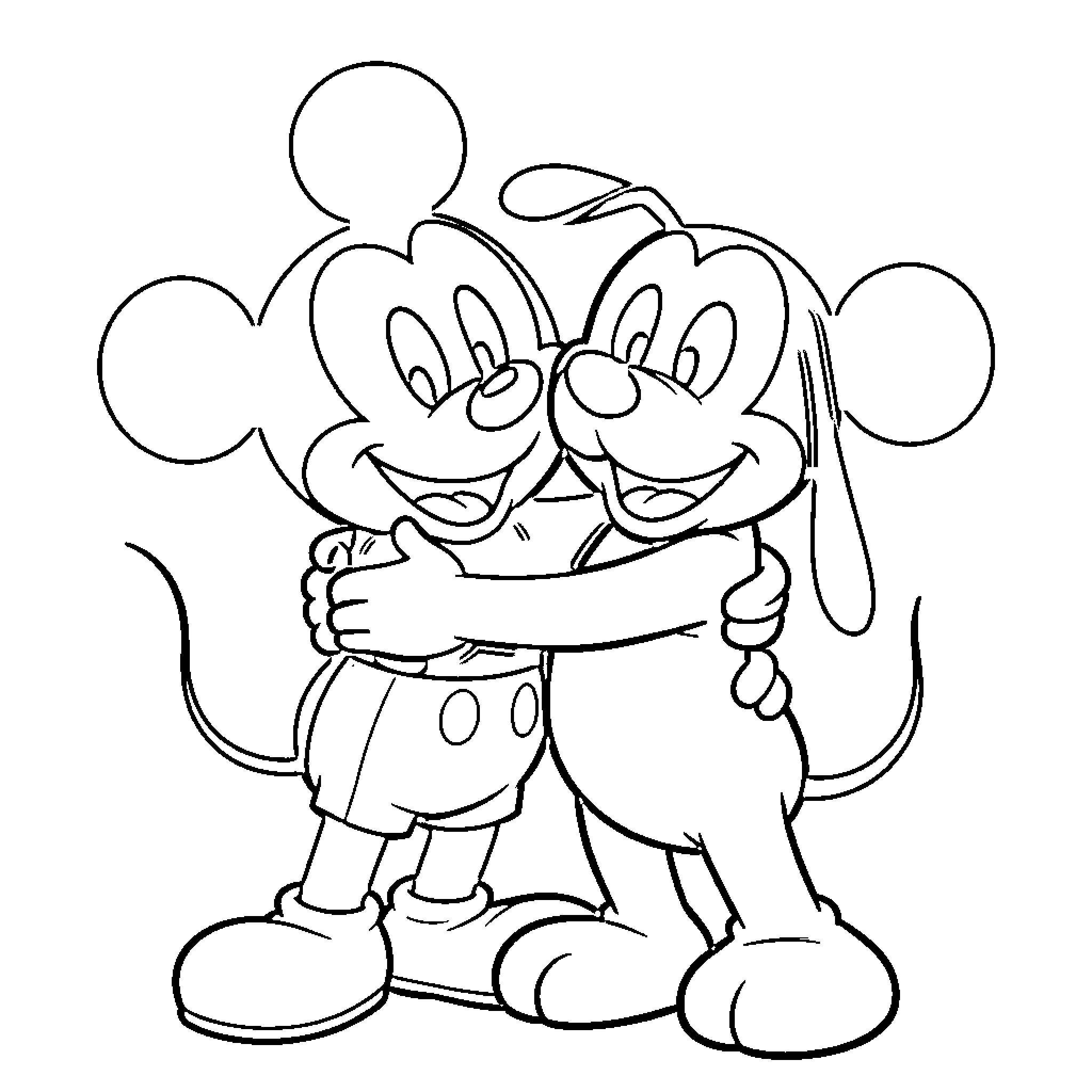 Mickey and friend in embrace Coloring Page (free black-and-white line drawing printable PDF for all, from beginners to advanced learners, including children, teens, adults, and seniors)