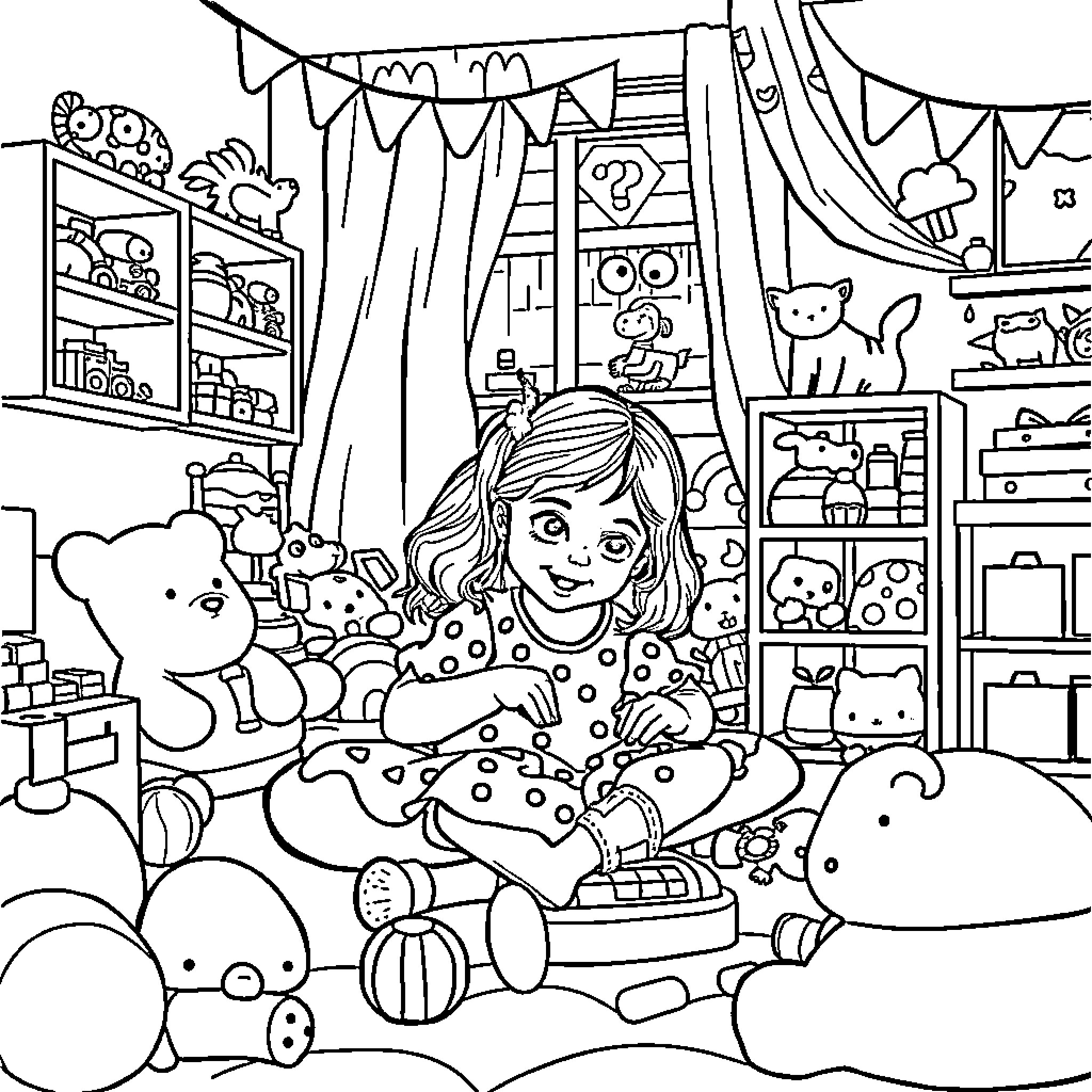 Mother surrounded by toys and plush animals in cozy room Coloring Page (free black-and-white line drawing printable PDF for all, from beginners to advanced learners, including children, teens, adults, and seniors)