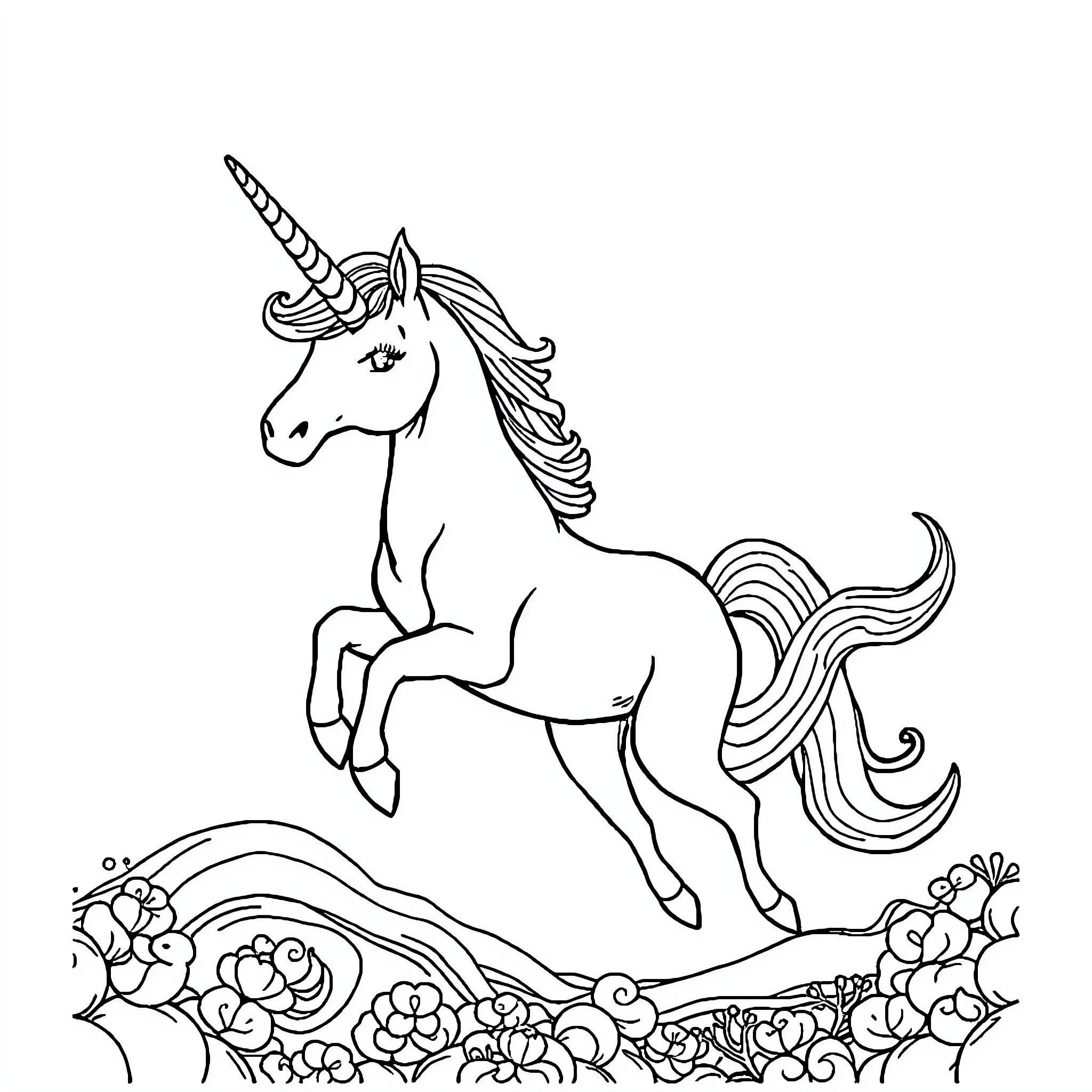 Unicorn leaping gracefully over a flower field Coloring Page (free black-and-white line drawing printable PDF for all, from beginners to advanced learners, including children, teens, adults, and seniors)