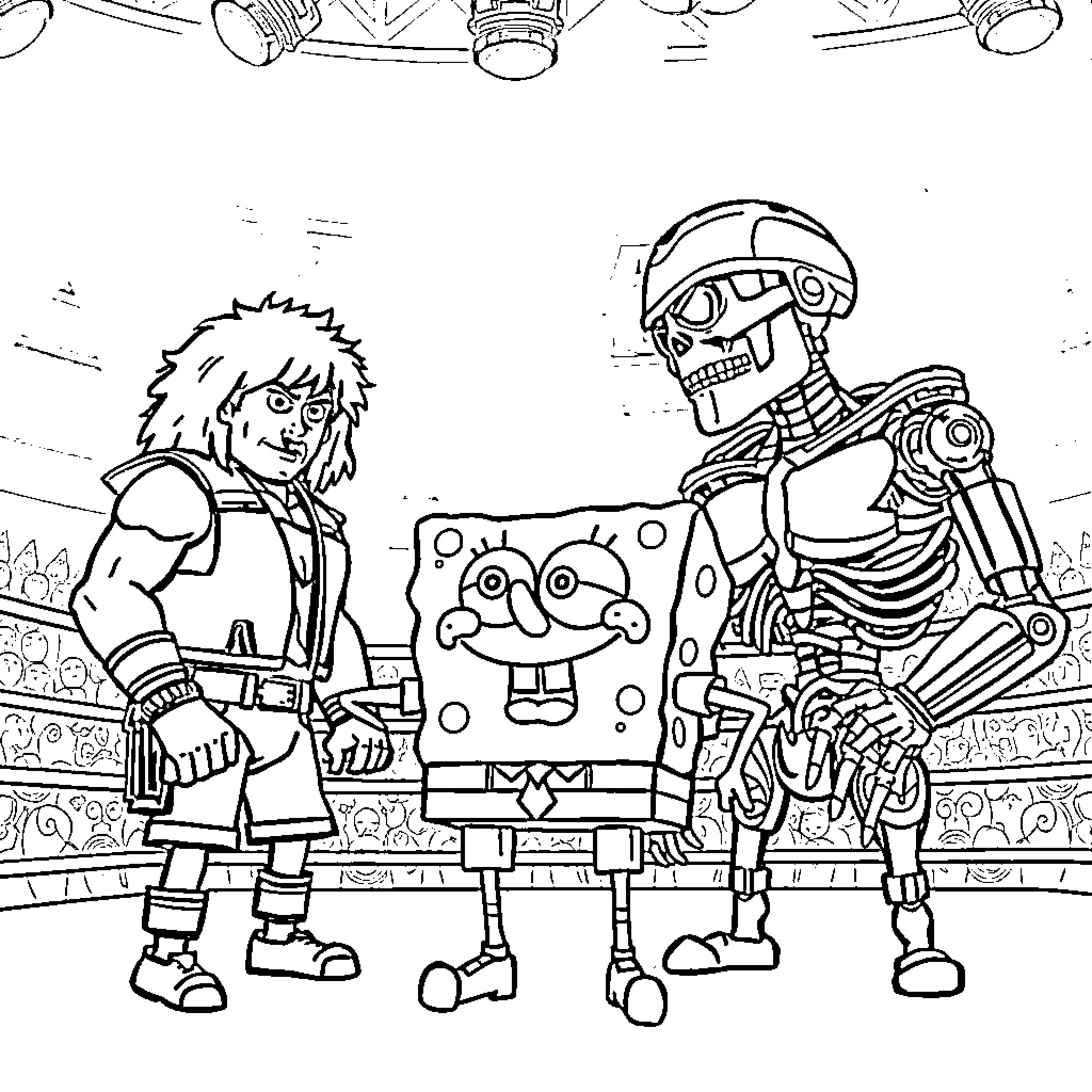 Spongebob and robot character in action scene Coloring Page (free black-and-white line drawing printable PDF for all, from beginners to advanced learners, including children, teens, adults, and seniors)