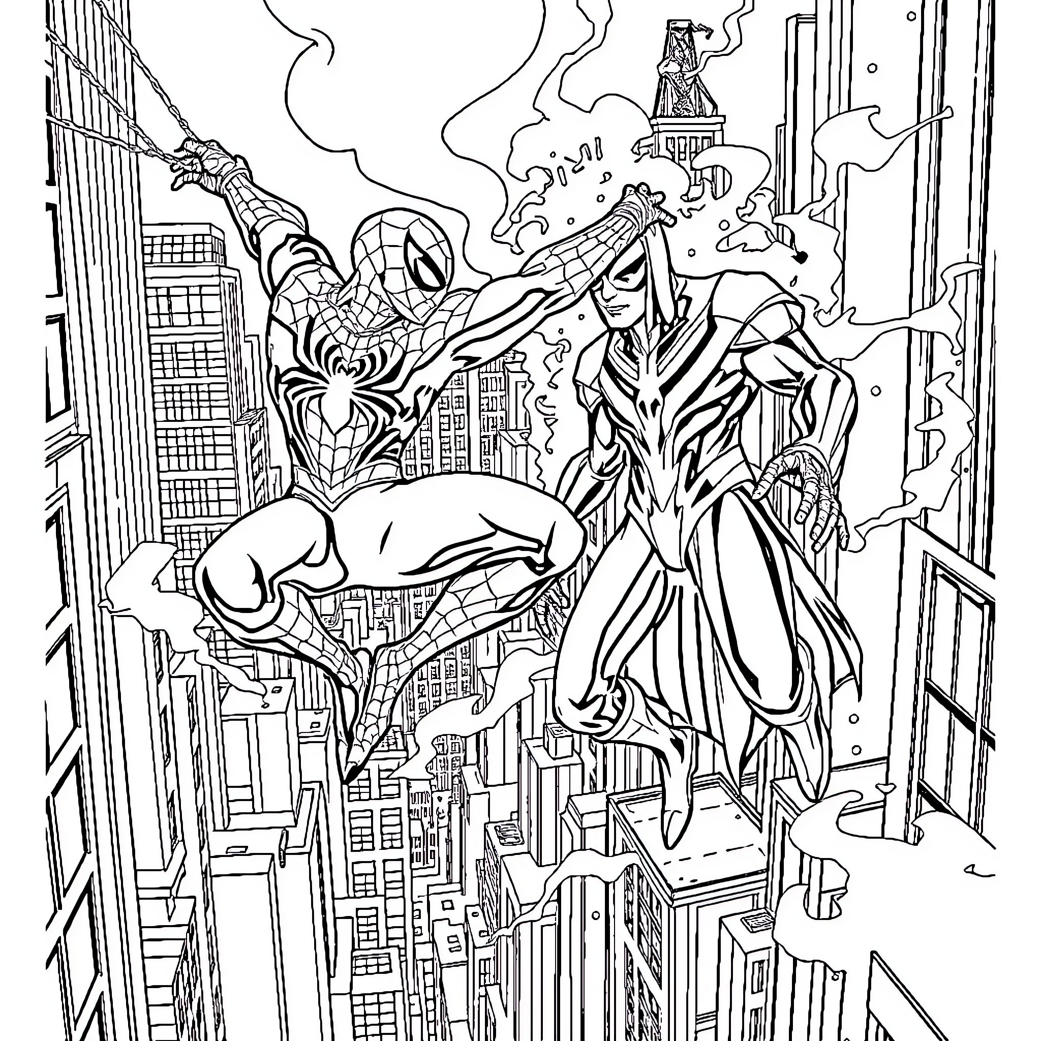 Spider-Man swinging through the city and battling a villain Coloring Page (free black-and-white line drawing printable PDF for all, from beginners to advanced learners, including children, teens, adults, and seniors)