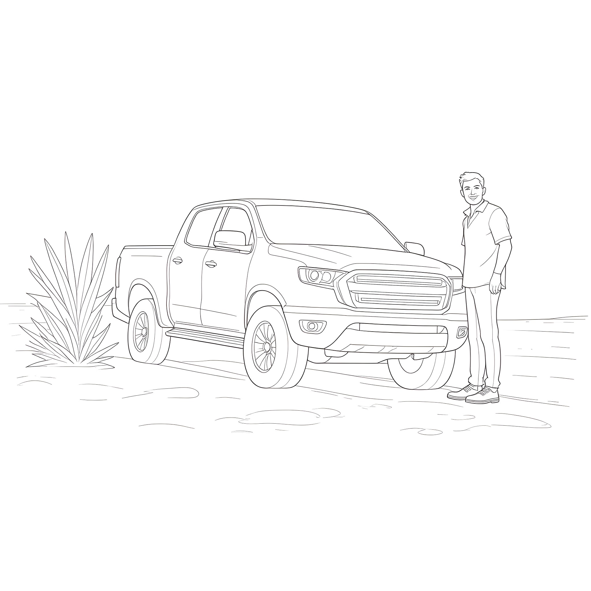 Man stands next to pickup truck in outdoor scene Coloring Page (free black-and-white line drawing printable PDF for all, from beginners to advanced learners, including children, teens, adults, and seniors)