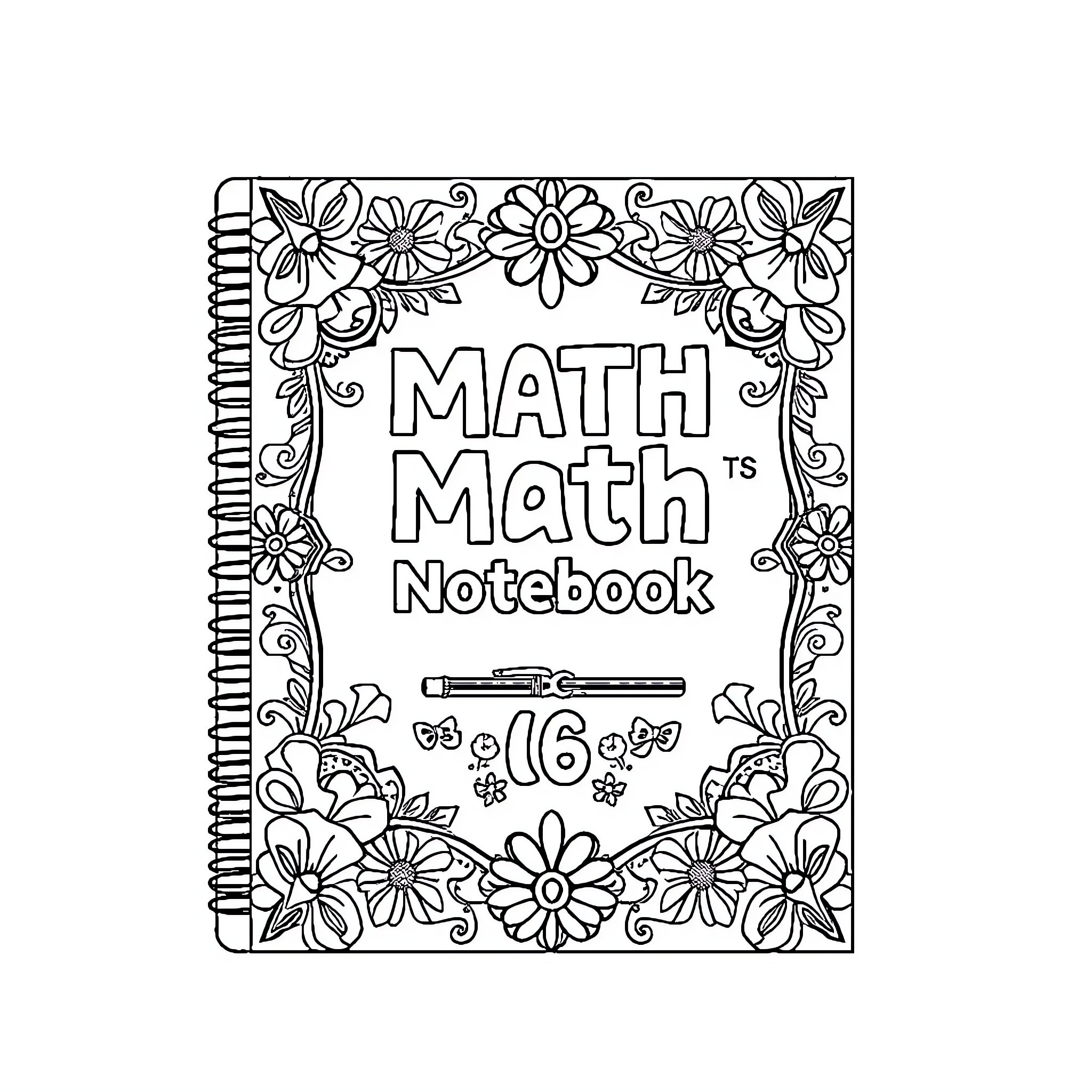 Math Notebook with Floral Doodle Border Coloring Page (free black-and-white line drawing printable PDF for all, from beginners to advanced learners, including children, teens, adults, and seniors)