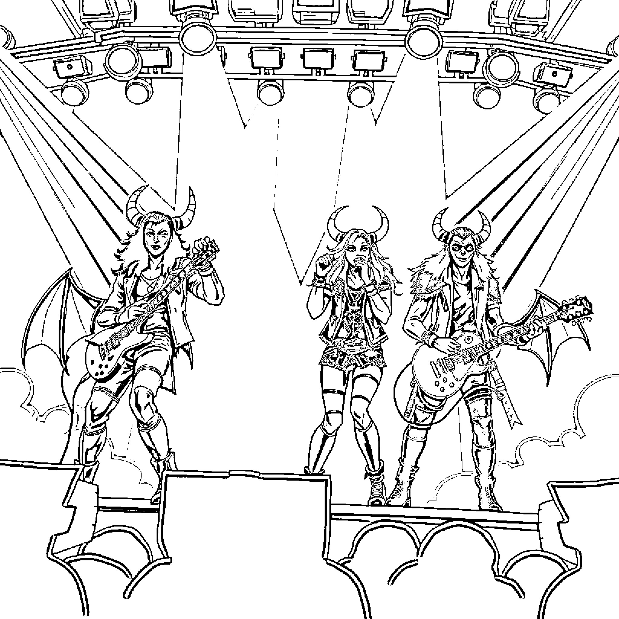Demon Hunter Rock Band Performing on Stage Coloring Page (free black-and-white line drawing printable PDF for all, from beginners to advanced learners, including children, teens, adults, and seniors)