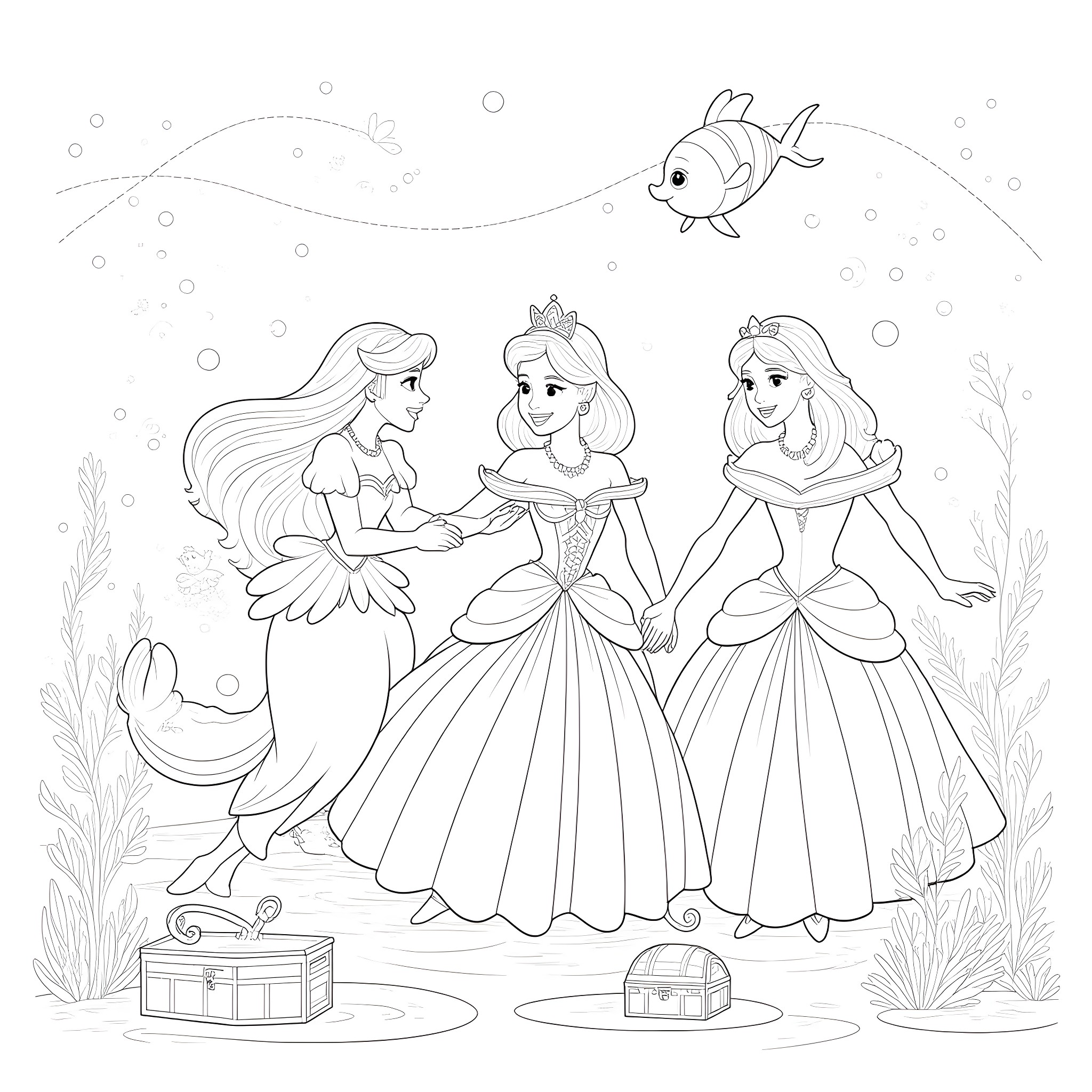Princess Trio Gathered in Underwater Palace Coloring Page (free black-and-white line drawing printable PDF for all, from beginners to advanced learners, including children, teens, adults, and seniors)