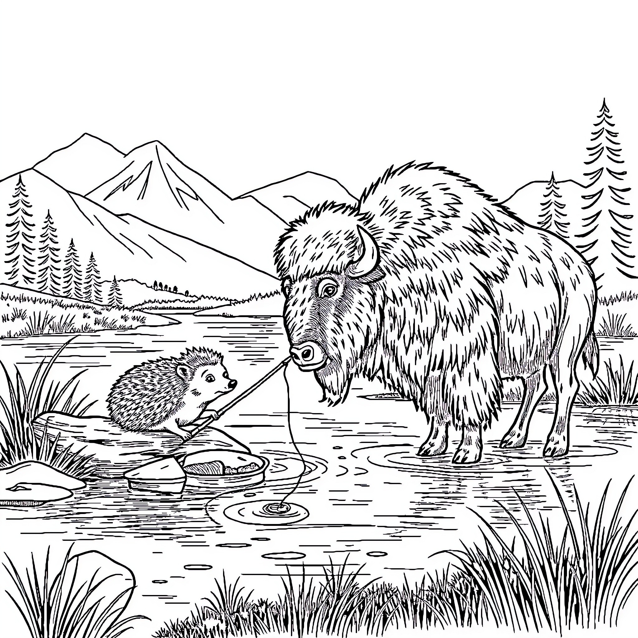 Hedgehog encounters a mighty bison in the mountains Coloring Page (free black-and-white line drawing printable PDF for all, from beginners to advanced learners, including children, teens, adults, and seniors)