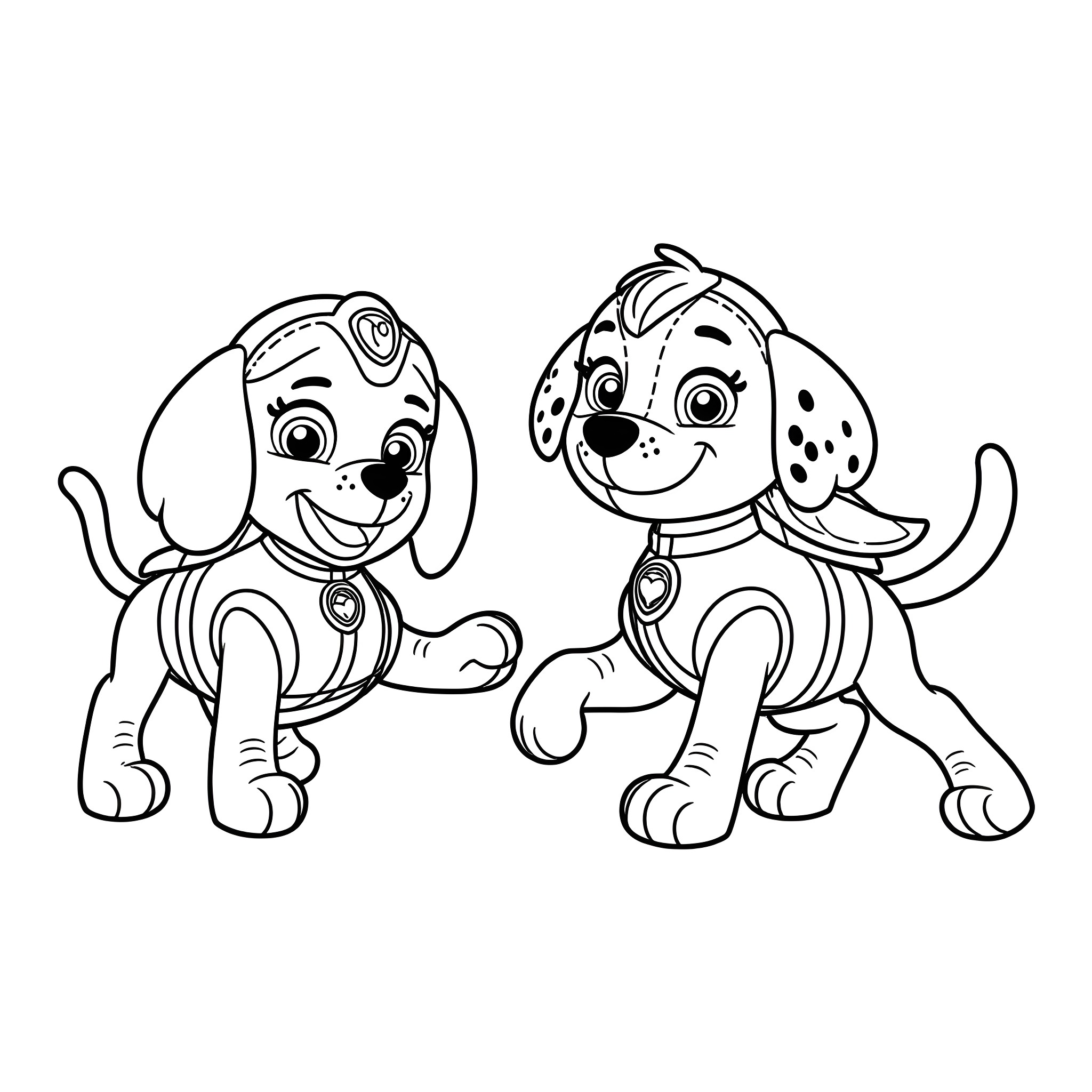 Paw Patrol puppies in action Coloring Page (free black-and-white line drawing printable PDF for all, from beginners to advanced learners, including children, teens, adults, and seniors)