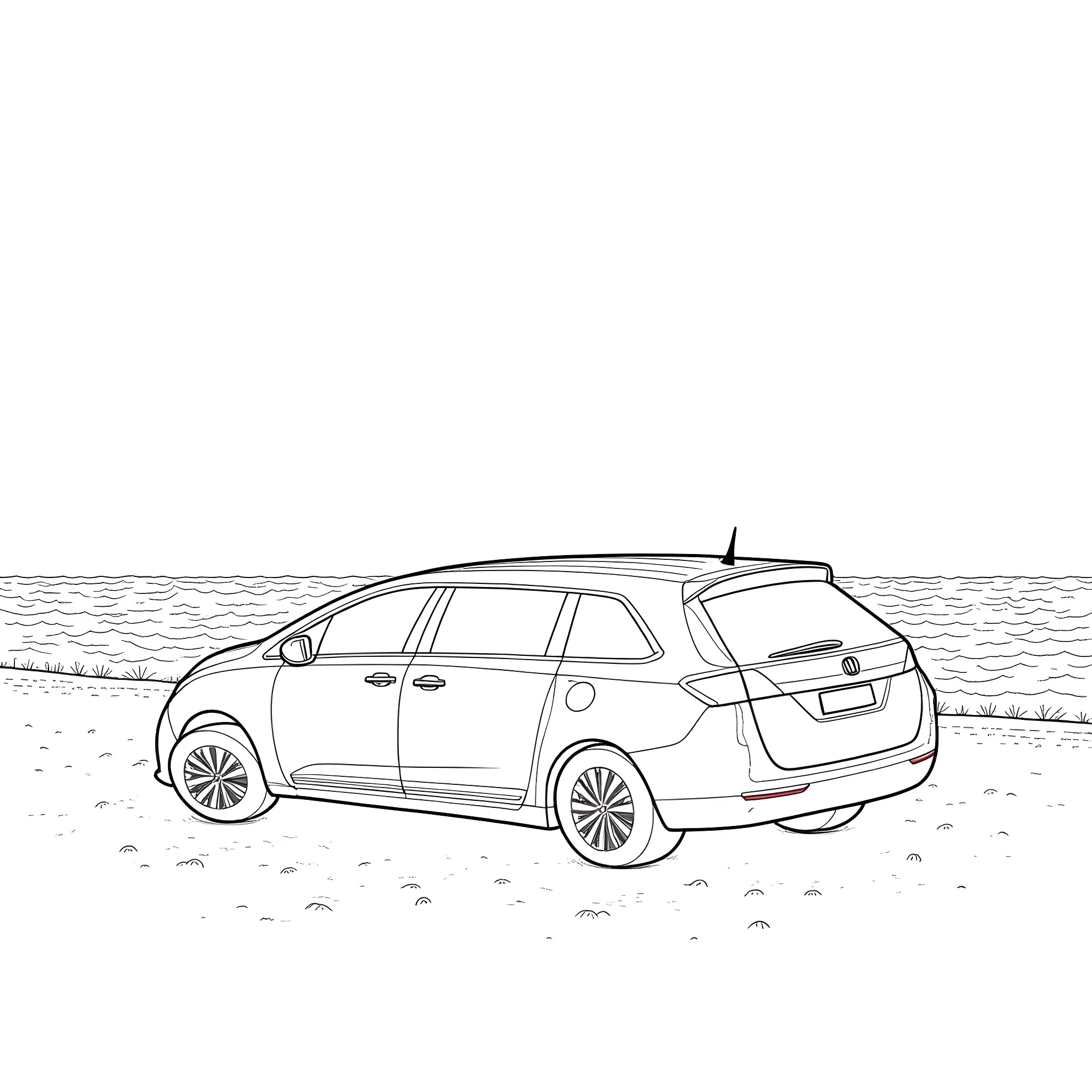 Honda Odyssey parked on the beach Coloring Page (free black-and-white line drawing printable PDF for all, from beginners to advanced learners, including children, teens, adults, and seniors)