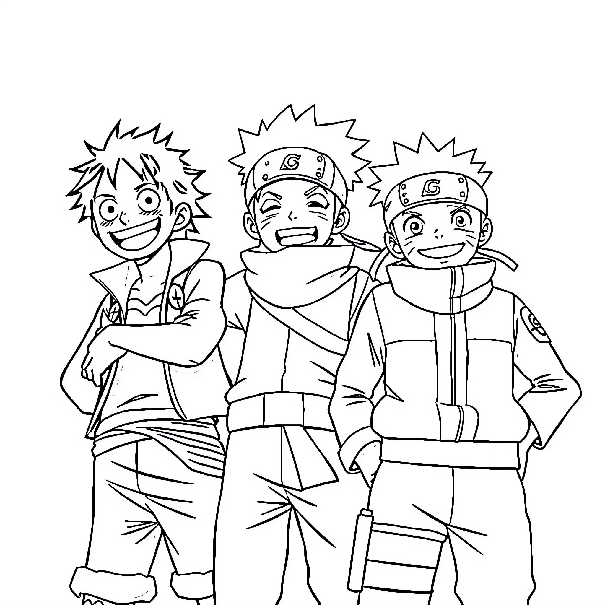 Luffy and his ninja friends in action poses Coloring Page (free black-and-white line drawing printable PDF for all, from beginners to advanced learners, including children, teens, adults, and seniors)