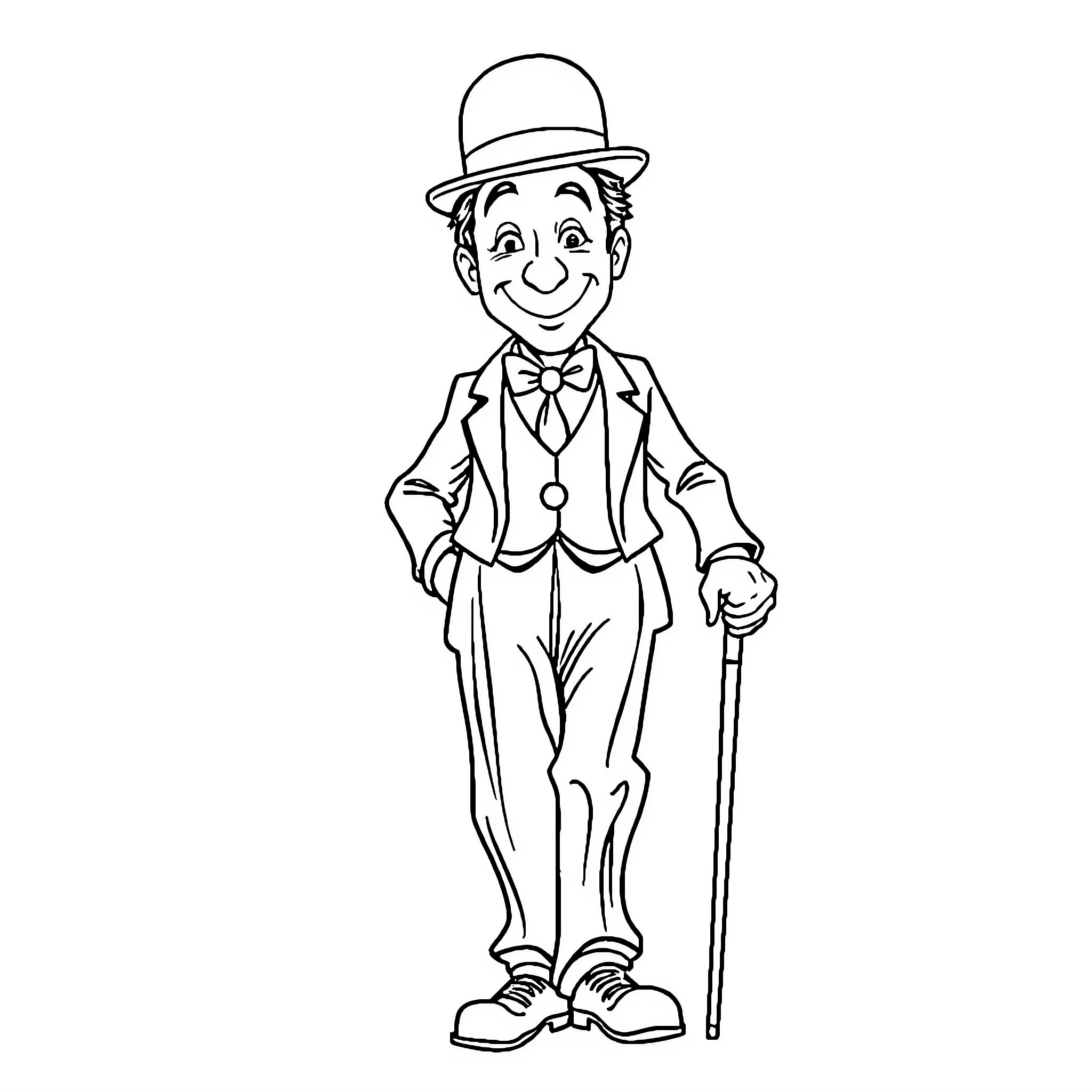 Charlie Chaplin in iconic comedic outfit and pose Coloring Page (free black-and-white line drawing printable PDF for all, from beginners to advanced learners, including children, teens, adults, and seniors)