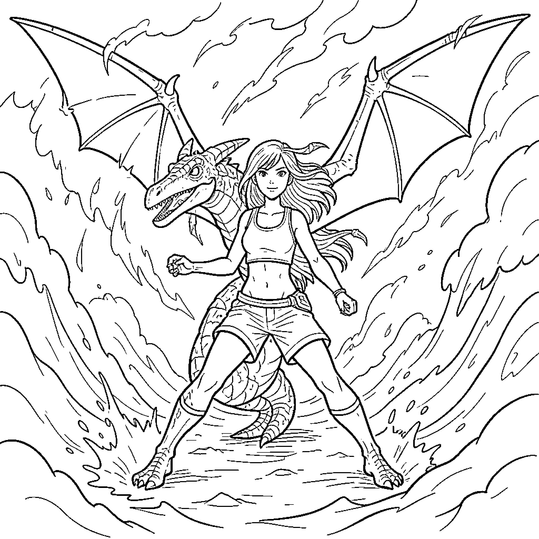 Nami standing bravely beside a large dragon Coloring Page (free black-and-white line drawing printable PDF for all, from beginners to advanced learners, including children, teens, adults, and seniors)