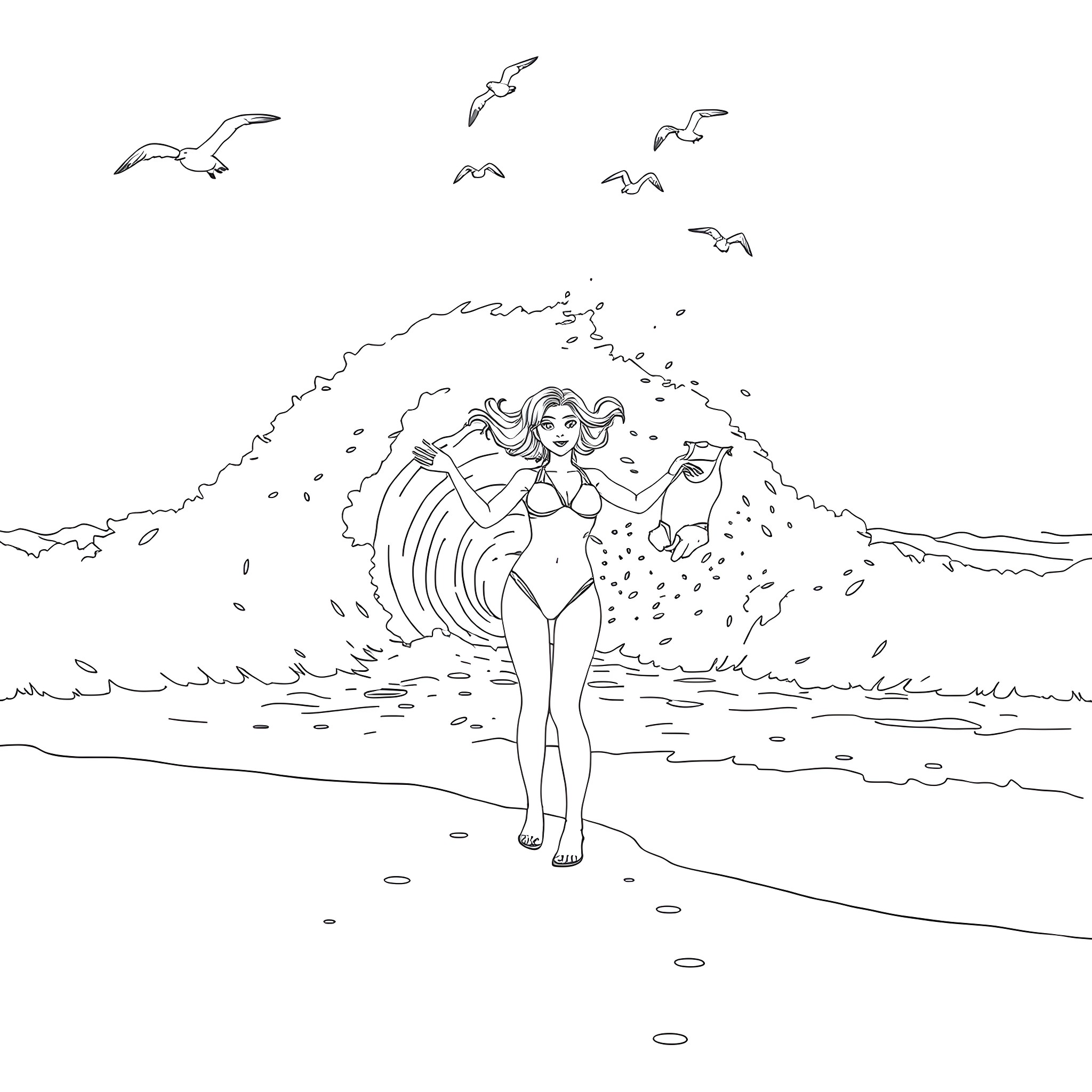 Woman walking along the beach with seagulls Coloring Page (free black-and-white line drawing printable PDF for all, from beginners to advanced learners, including children, teens, adults, and seniors)