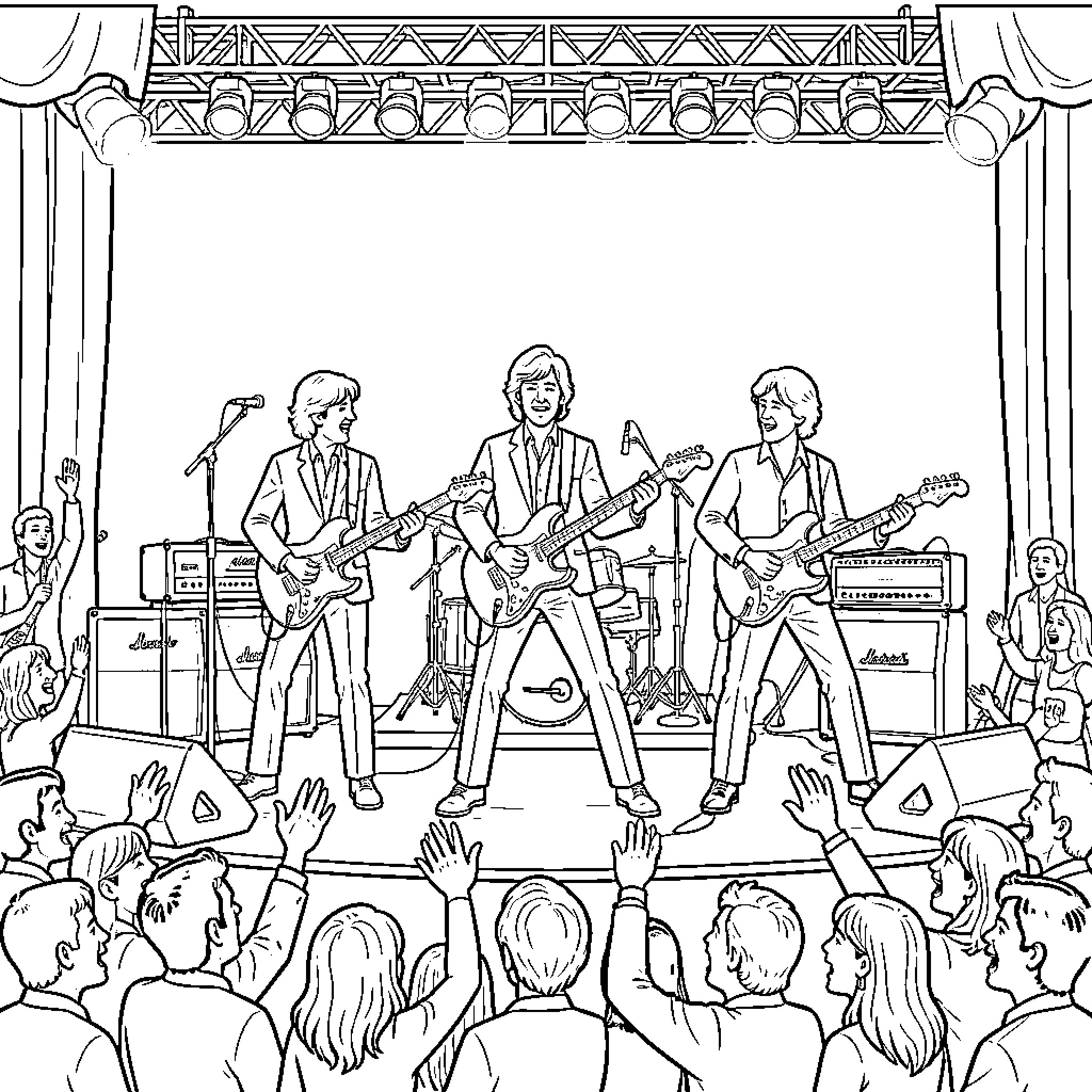 The Beatles Rocking Out on Stage with Enthusiastic Crowd Coloring Page (free black-and-white line drawing printable PDF for all, from beginners to advanced learners, including children, teens, adults, and seniors)