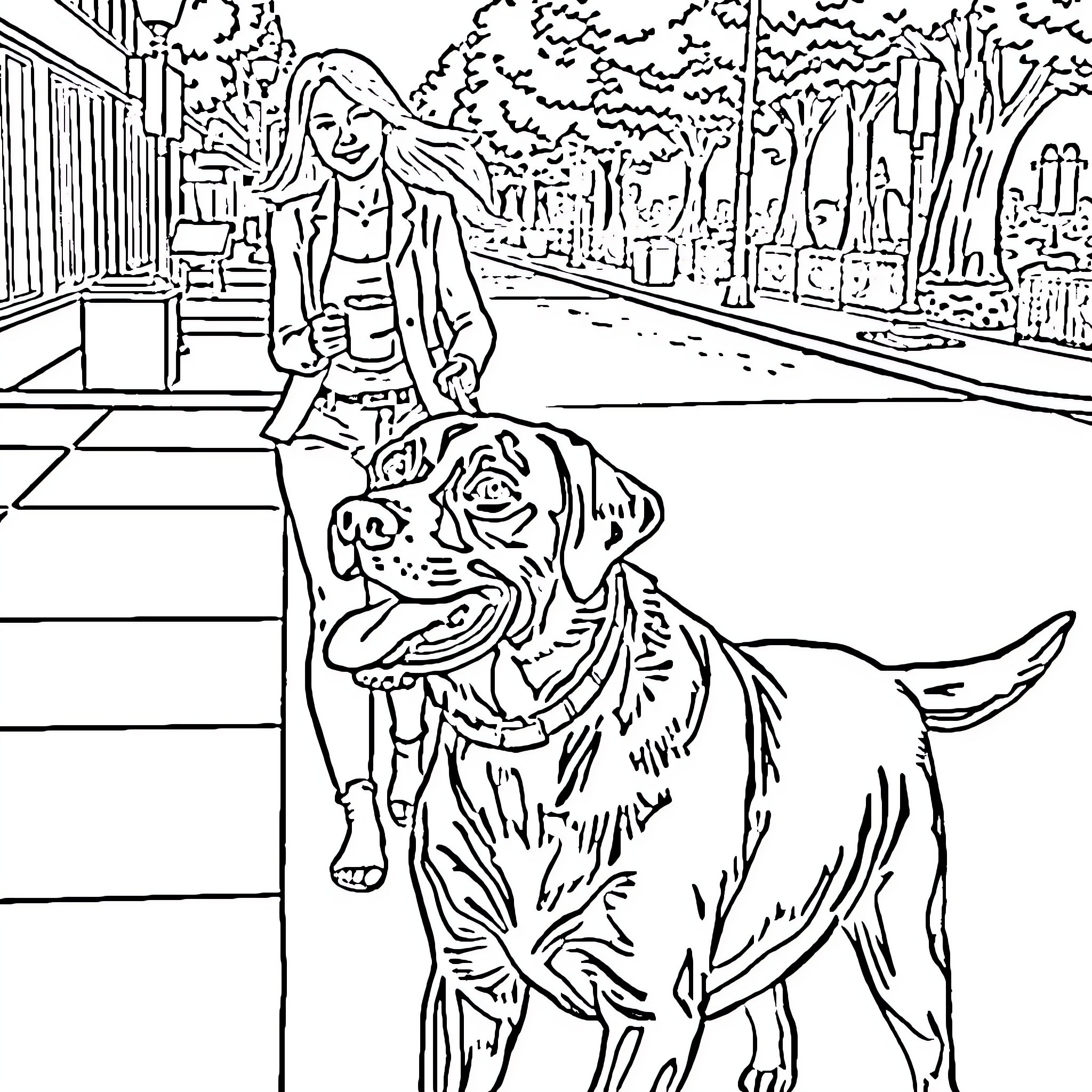 Dog walking with owner on neighborhood street Coloring Page (free black-and-white line drawing printable PDF for all, from beginners to advanced learners, including children, teens, adults, and seniors)