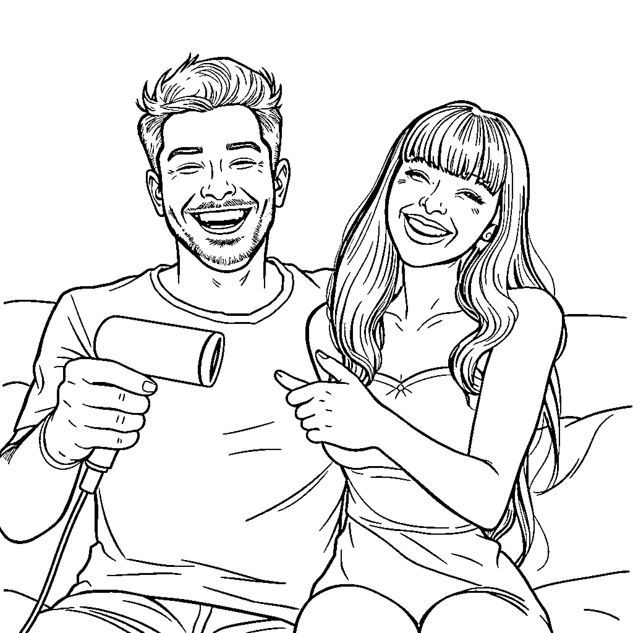 Man and Woman Smiling Together Happily Coloring Page (free black-and-white line drawing printable PDF for all, from beginners to advanced learners, including children, teens, adults, and seniors)