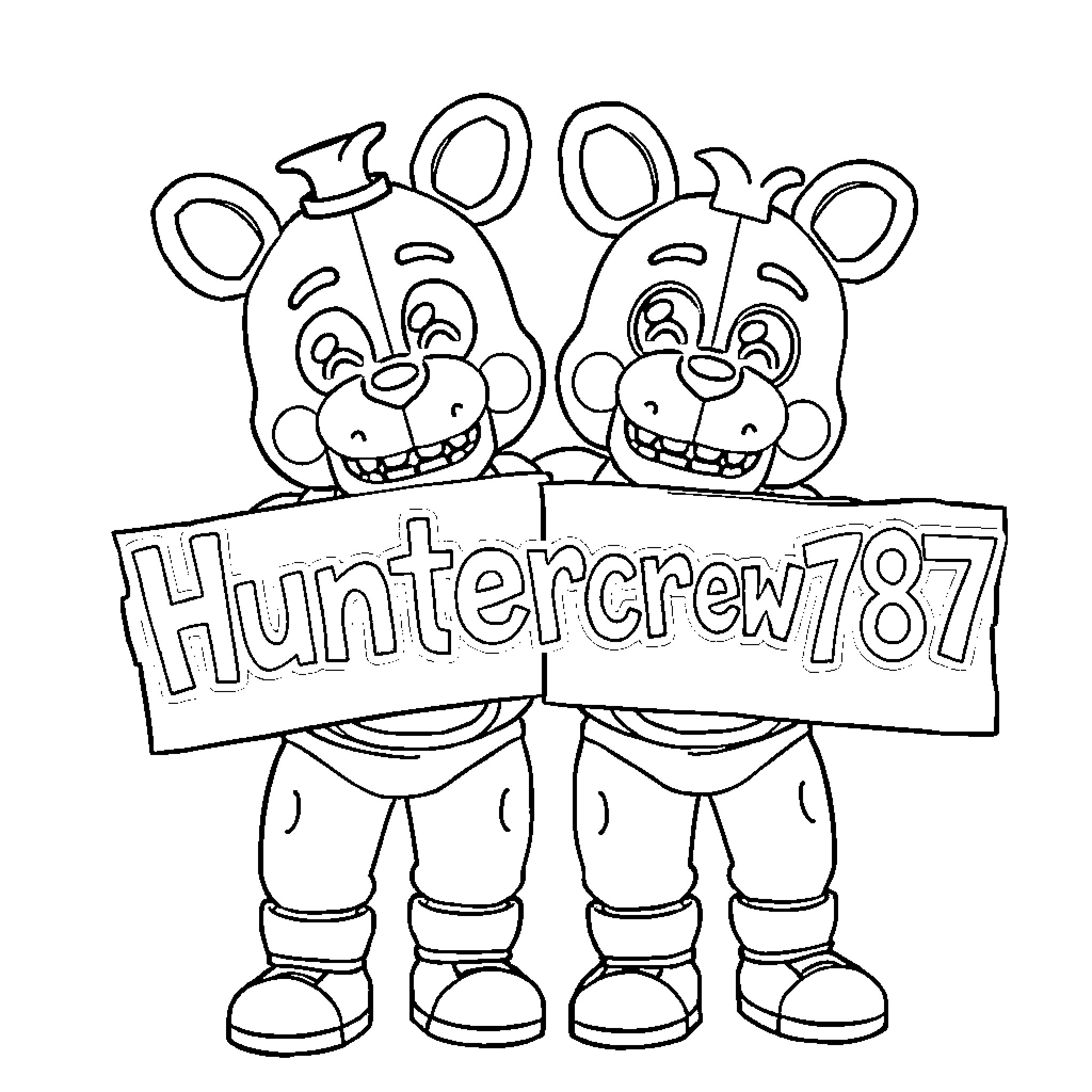 Freddy and Friends Holding Huntercrew707 Sign Coloring Page (free black-and-white line drawing printable PDF for all, from beginners to advanced learners, including children, teens, adults, and seniors)