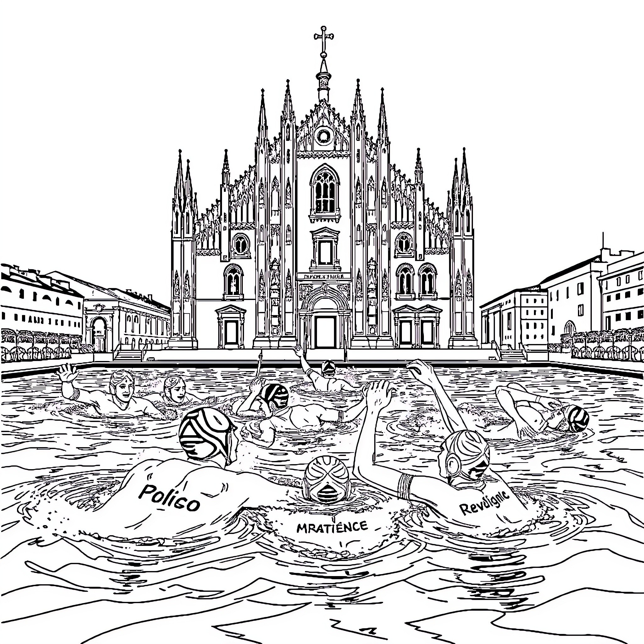 Water Polo Players Competing in Front of a Landmark Coloring Page (free black-and-white line drawing printable PDF for all, from beginners to advanced learners, including children, teens, adults, and seniors)