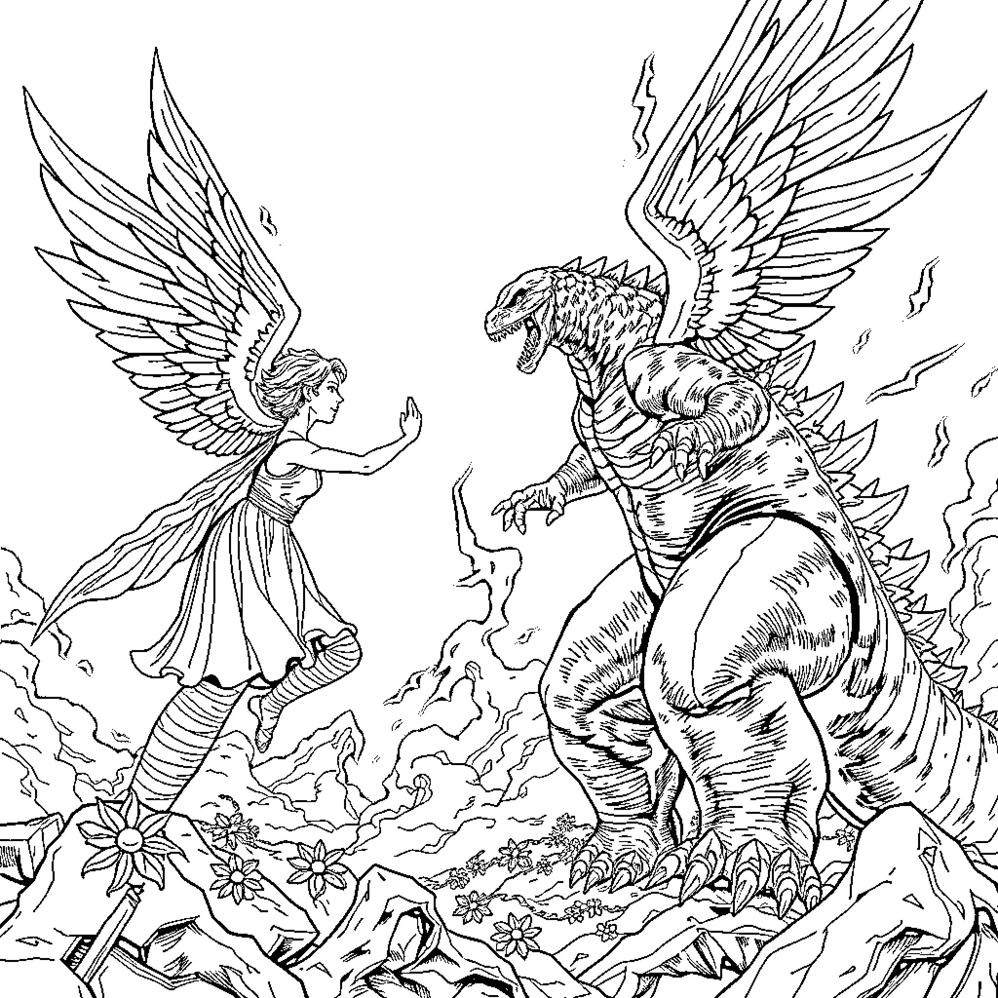 Angel confronting a fearsome winged beast Coloring Page (free black-and-white line drawing printable PDF for all, from beginners to advanced learners, including children, teens, adults, and seniors)