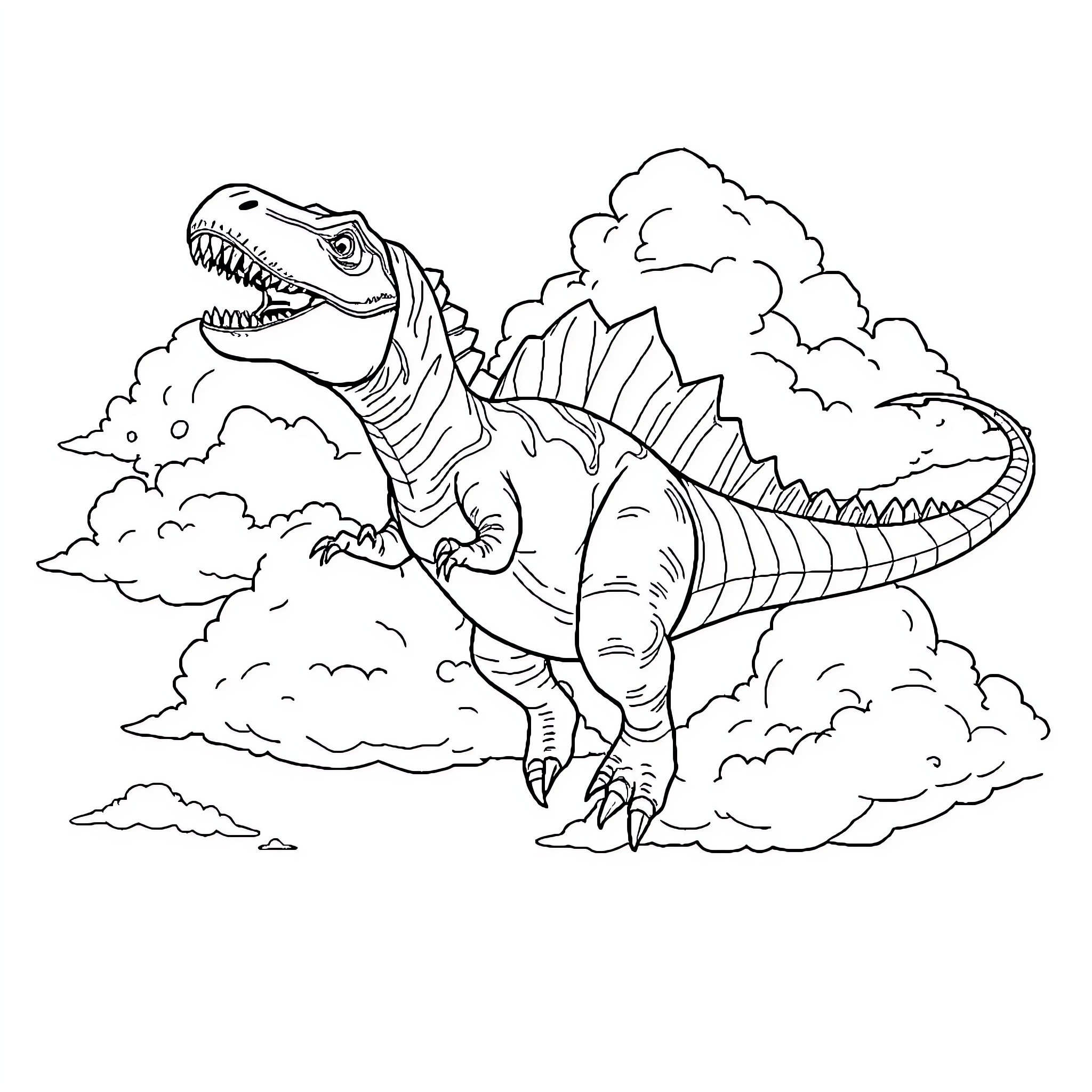 Dinosaur soaring through the clouds Coloring Page (free black-and-white line drawing printable PDF for all, from beginners to advanced learners, including children, teens, adults, and seniors)