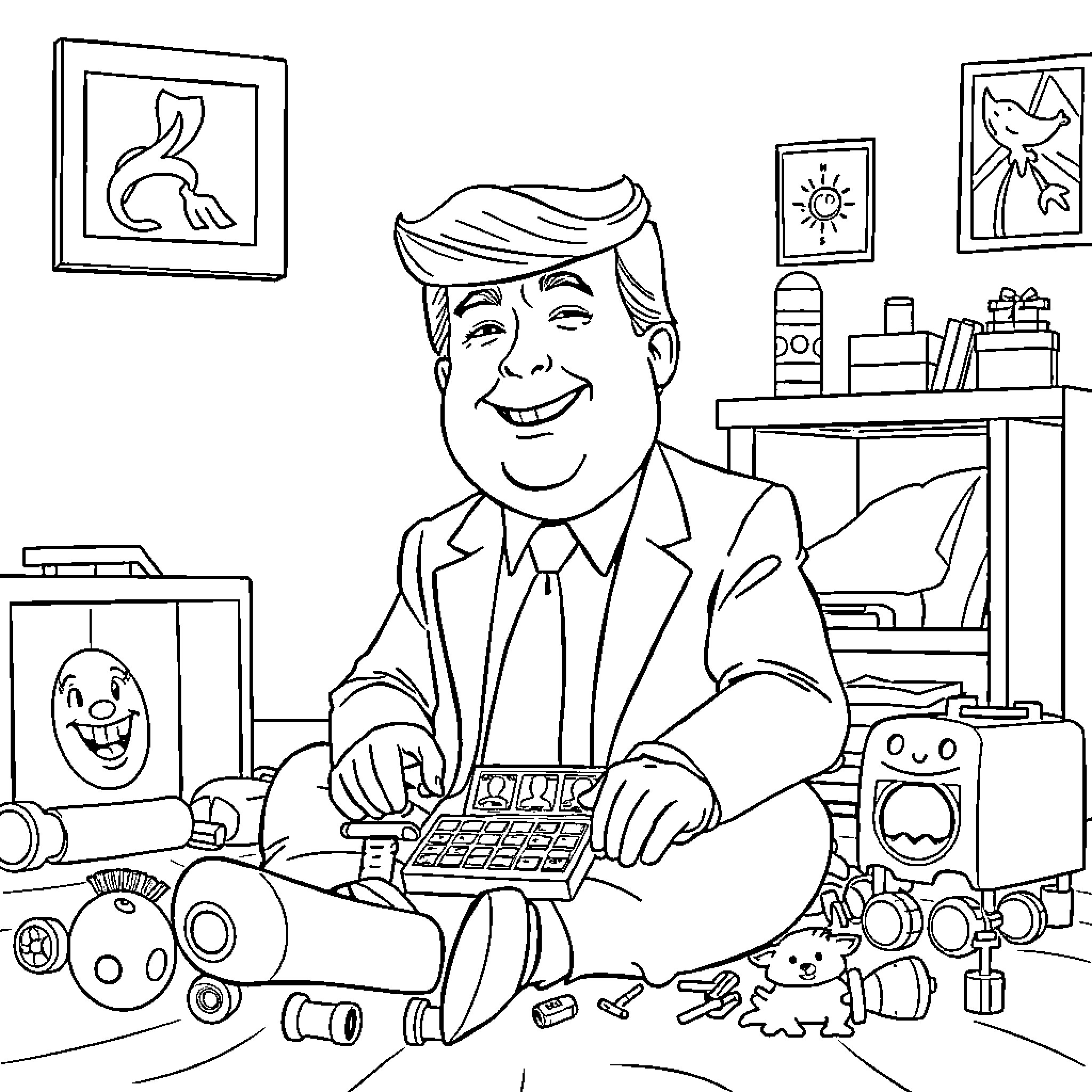 Donald Trump working at his desk with toys and art Coloring Page (free black-and-white line drawing printable PDF for all, from beginners to advanced learners, including children, teens, adults, and seniors)