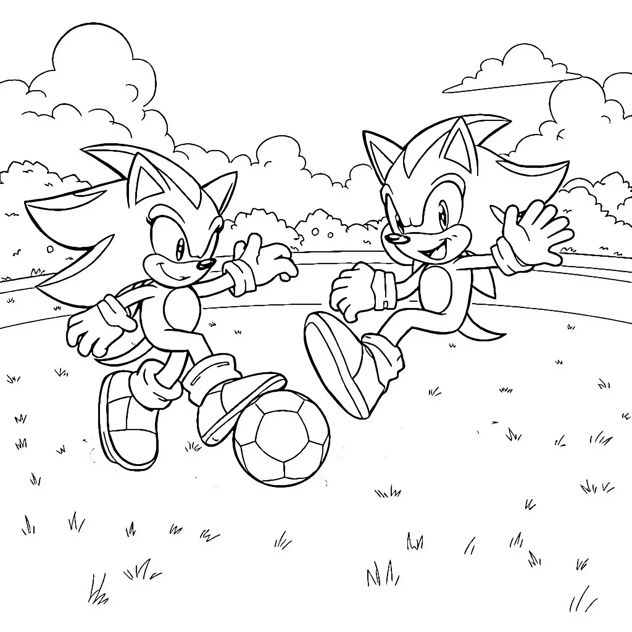 Sonic characters playing sports in nature Coloring Page (free black-and-white line drawing printable PDF for all, from beginners to advanced learners, including children, teens, adults, and seniors)