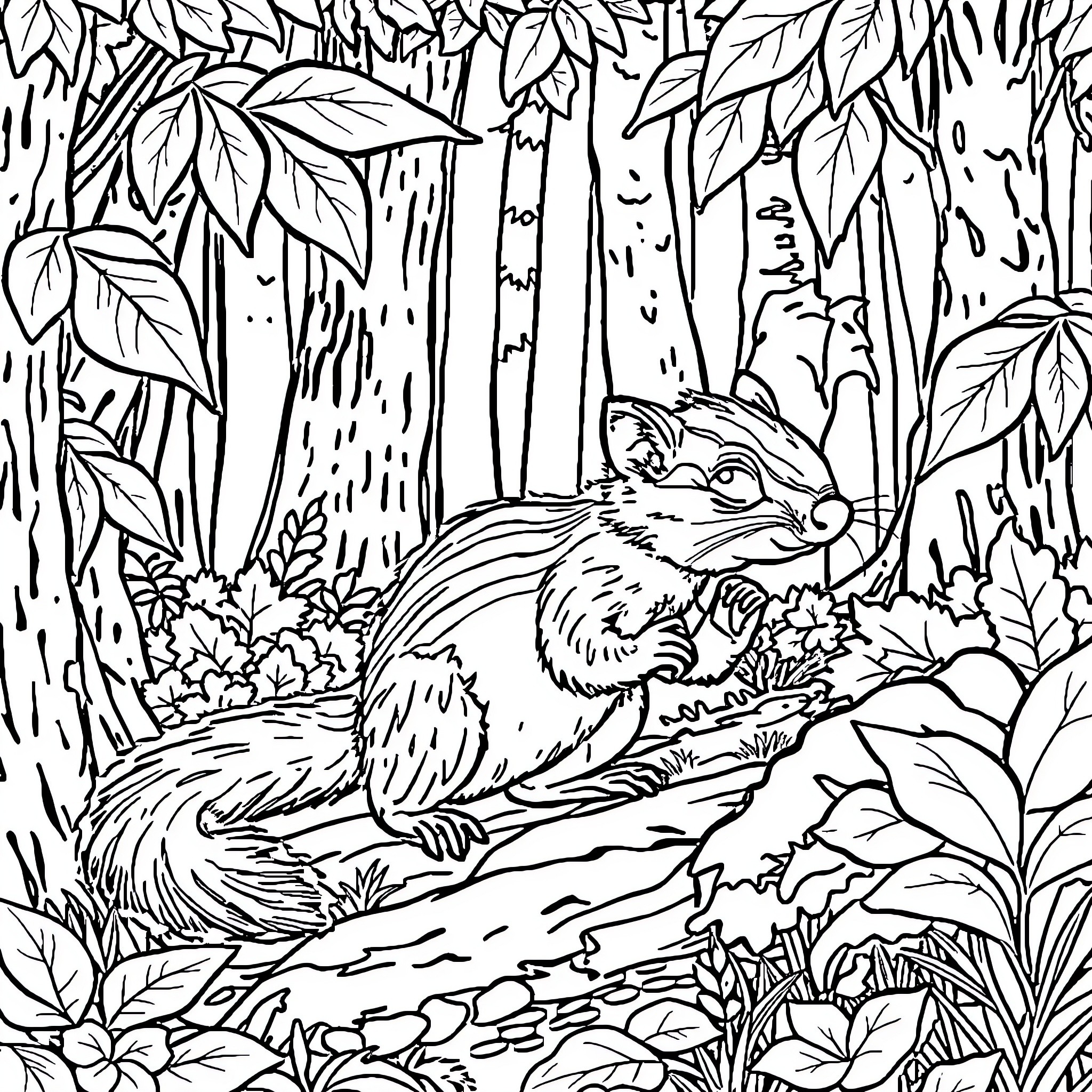 Fox exploring the enchanted forest Coloring Page (free black-and-white line drawing printable PDF for all, from beginners to advanced learners, including children, teens, adults, and seniors)