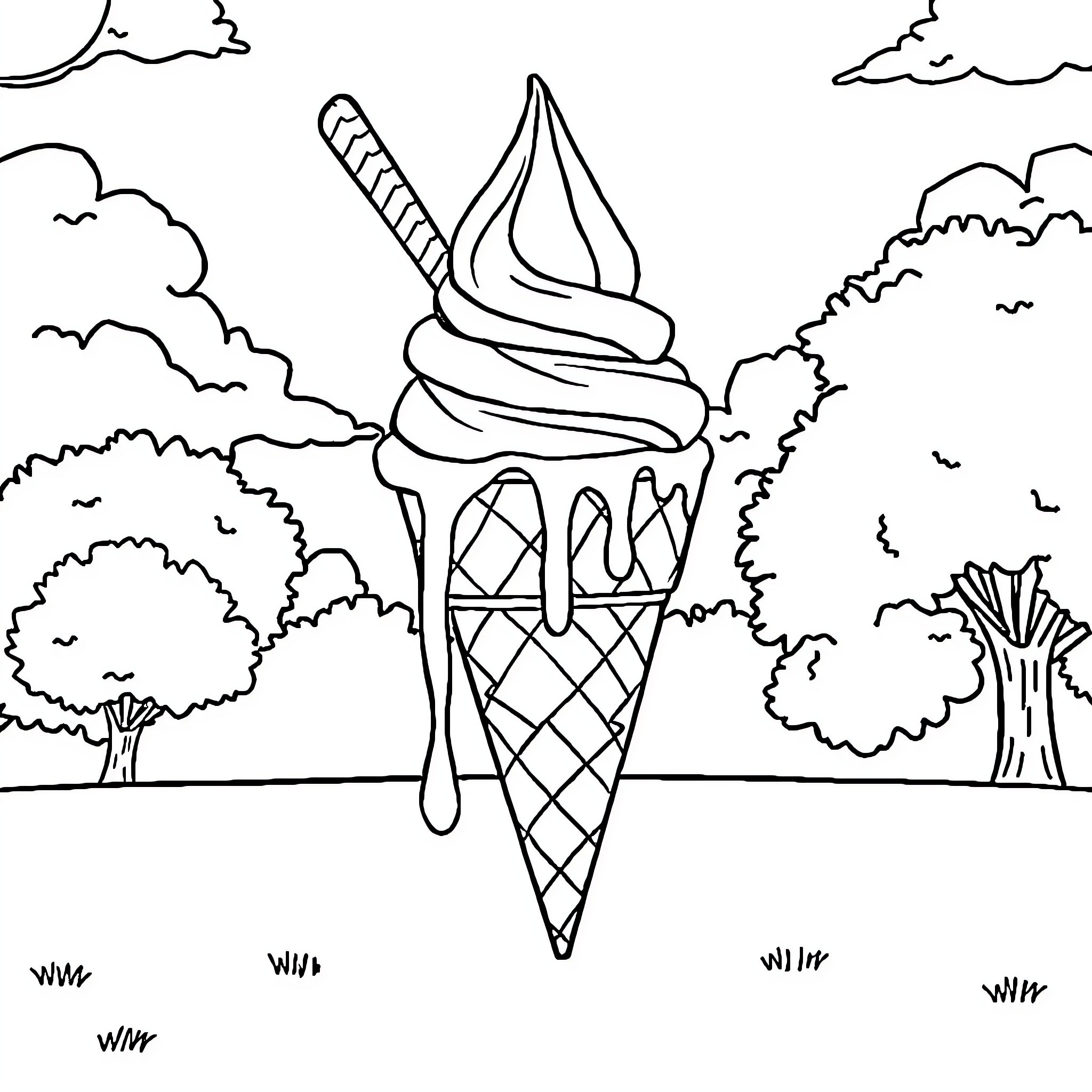 Ice Cream Delight in a Whimsical Landscape Coloring Page (free black-and-white line drawing printable PDF for all, from beginners to advanced learners, including children, teens, adults, and seniors)