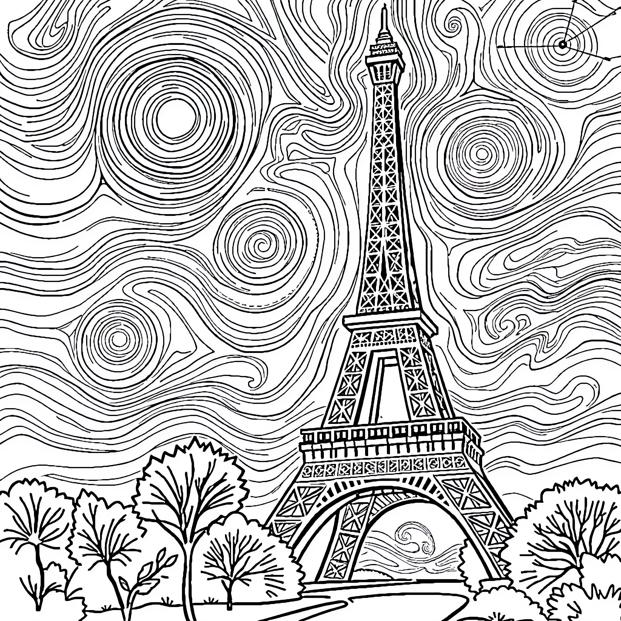 Eiffel Tower in a Swirling Landscape Coloring Page (free black-and-white line drawing printable PDF for all, from beginners to advanced learners, including children, teens, adults, and seniors)