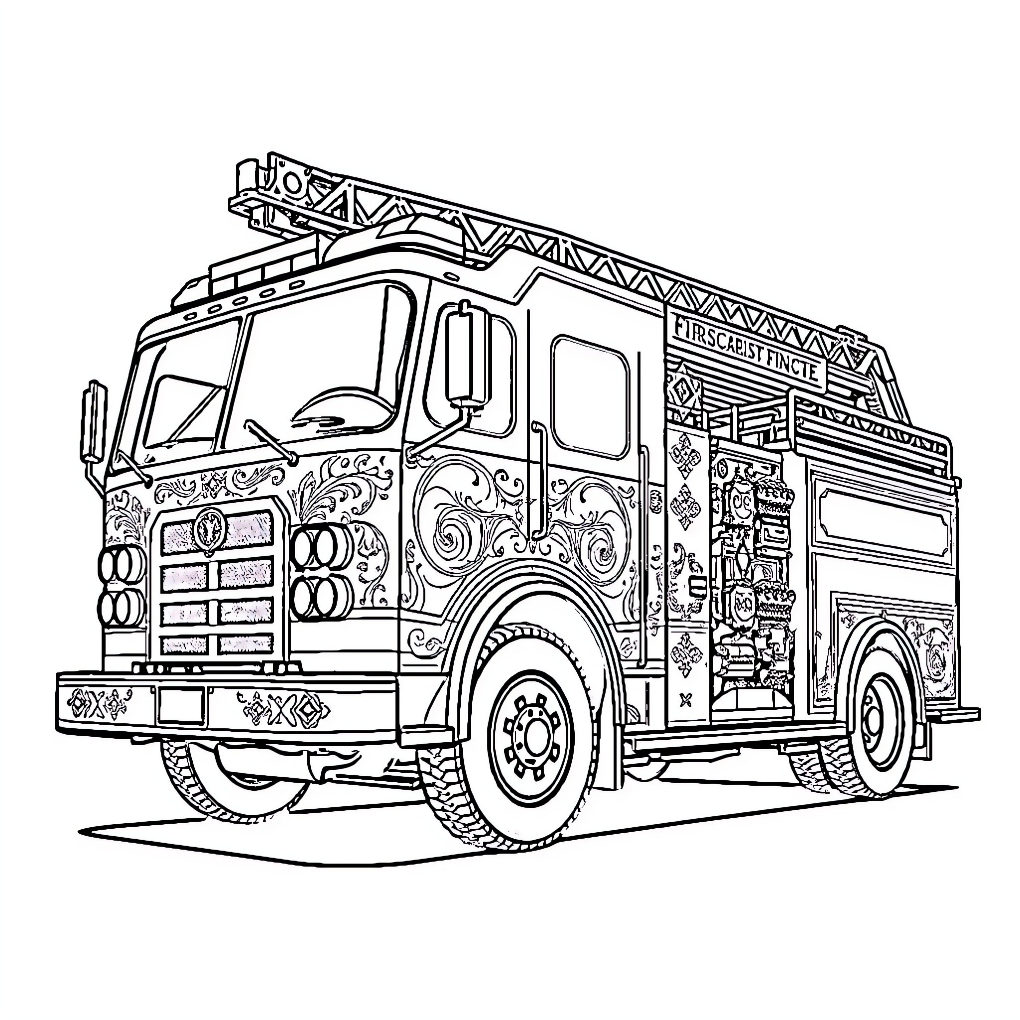 Firetruck with intricate decorations and designs Coloring Page (free black-and-white line drawing printable PDF for all, from beginners to advanced learners, including children, teens, adults, and seniors)