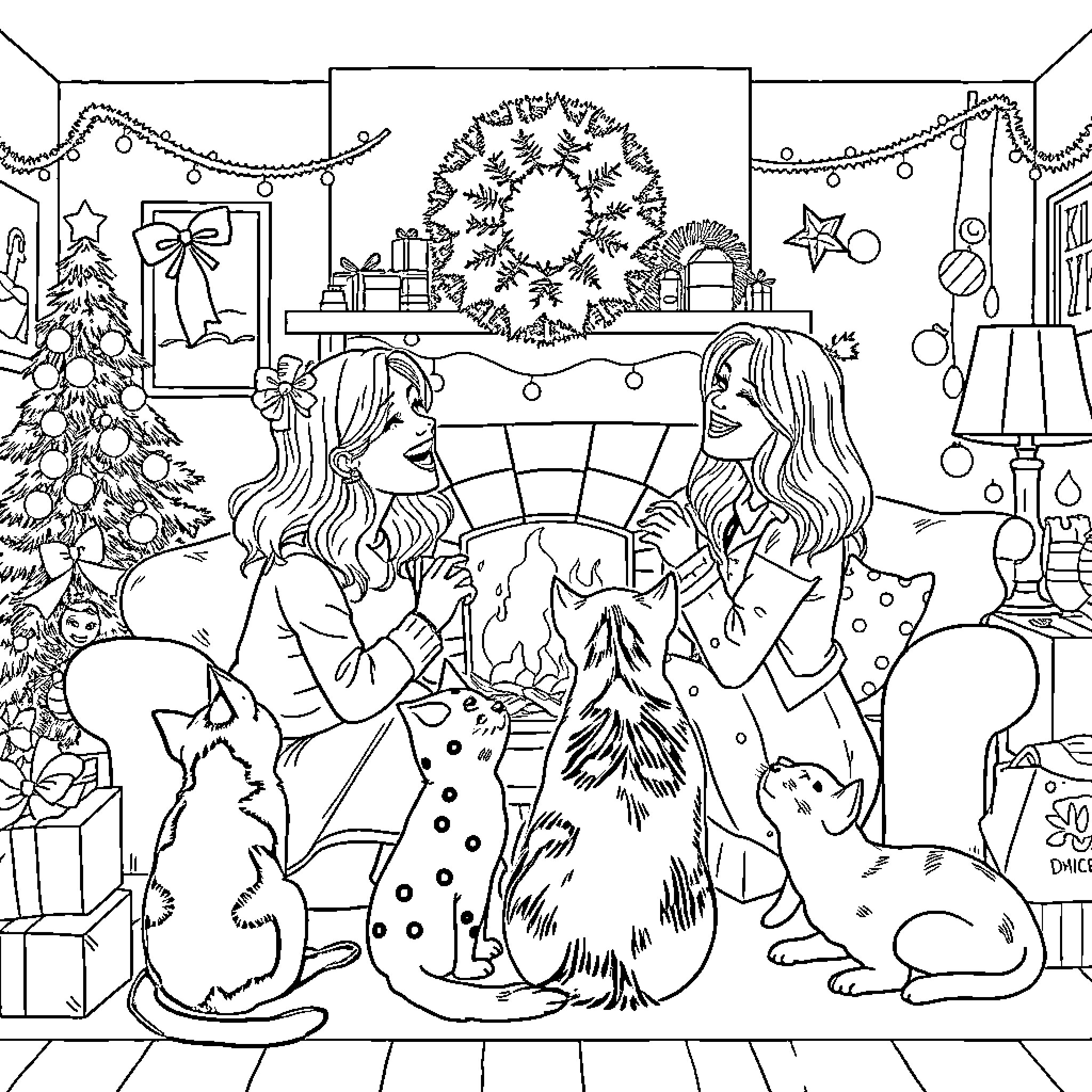 Christmas gathering of friends and pets in a cozy home Coloring Page (free black-and-white line drawing printable PDF for all, from beginners to advanced learners, including children, teens, adults, and seniors)