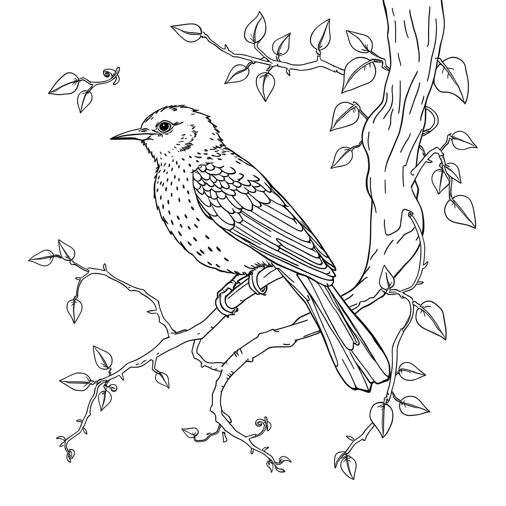 Spinus Tristis perched on branches with leaves Coloring Page (free black-and-white line drawing printable PDF for all, from beginners to advanced learners, including children, teens, adults, and seniors)