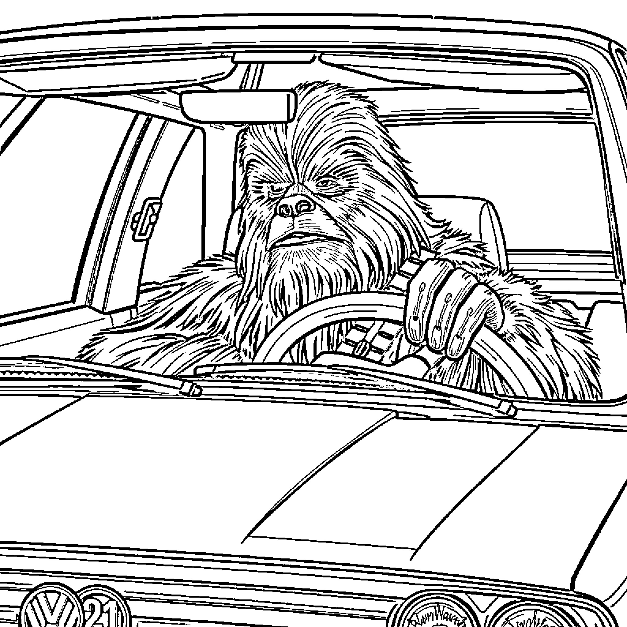 Chewbacca driving a vehicle Coloring Page (free black-and-white line drawing printable PDF for all, from beginners to advanced learners, including children, teens, adults, and seniors)
