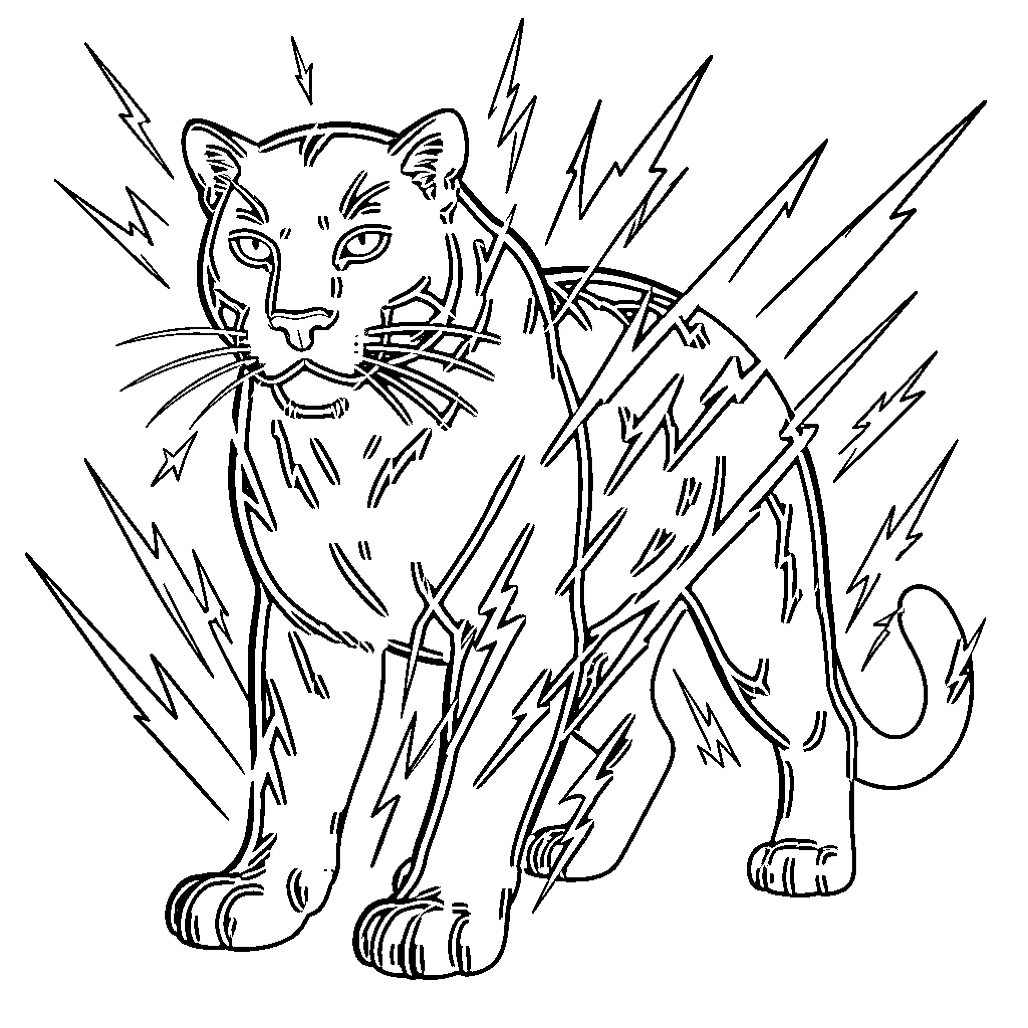 Panther surrounded by energetic lightning bolts Coloring Page (free black-and-white line drawing printable PDF for all, from beginners to advanced learners, including children, teens, adults, and seniors)