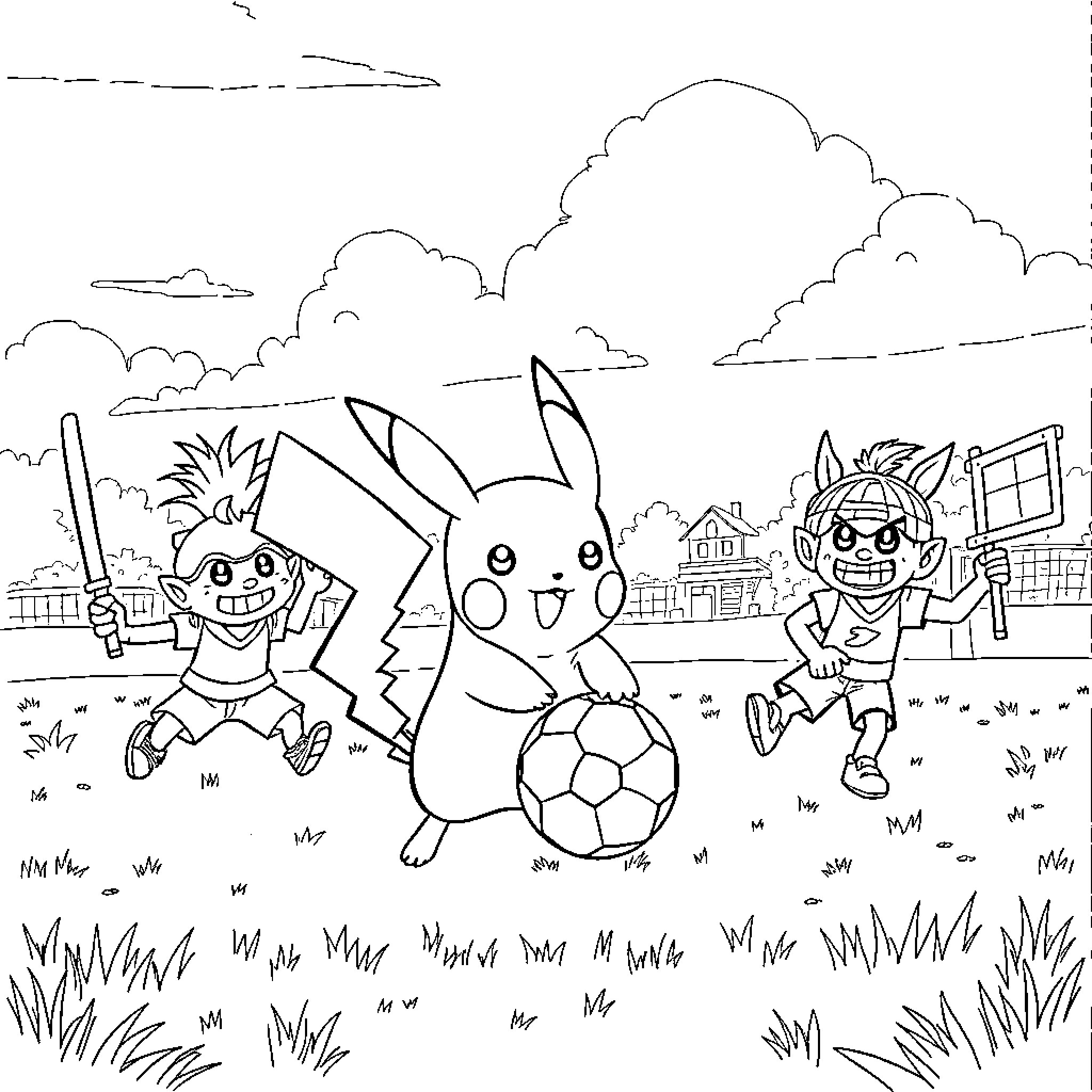 Pikachu playing soccer with friends in the park Coloring Page (free black-and-white line drawing printable PDF for all, from beginners to advanced learners, including children, teens, adults, and seniors)