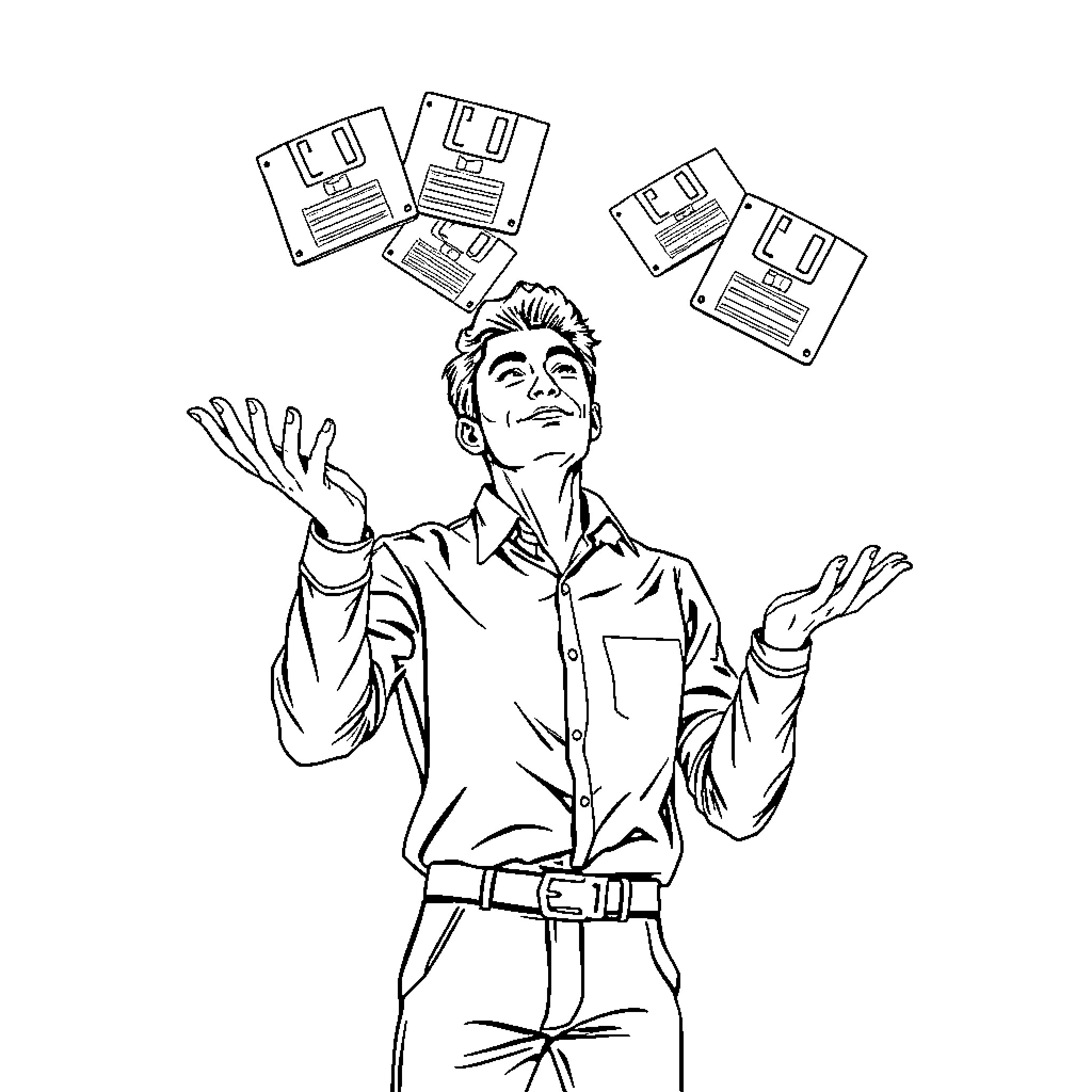 Sales Guy Juggling Floppy Disks with Excitement Coloring Page (free black-and-white line drawing printable PDF for all, from beginners to advanced learners, including children, teens, adults, and seniors)