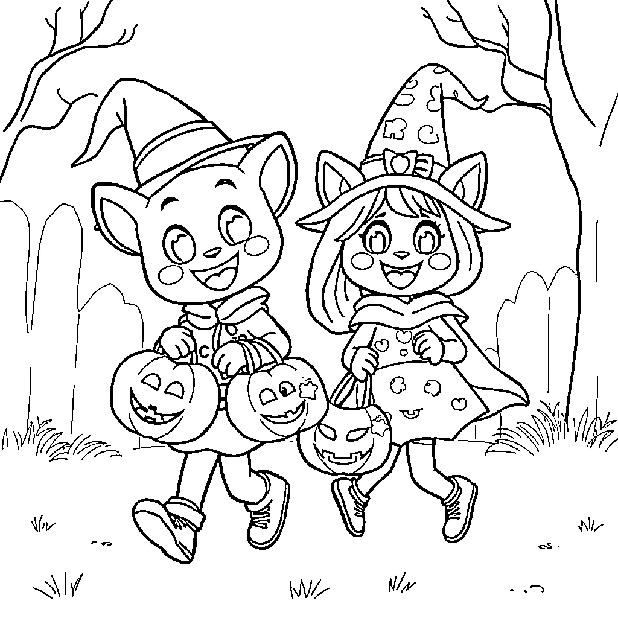 Bluey and Bingo in Halloween Costumes Coloring Page (free black-and-white line drawing printable PDF for all, from beginners to advanced learners, including children, teens, adults, and seniors)