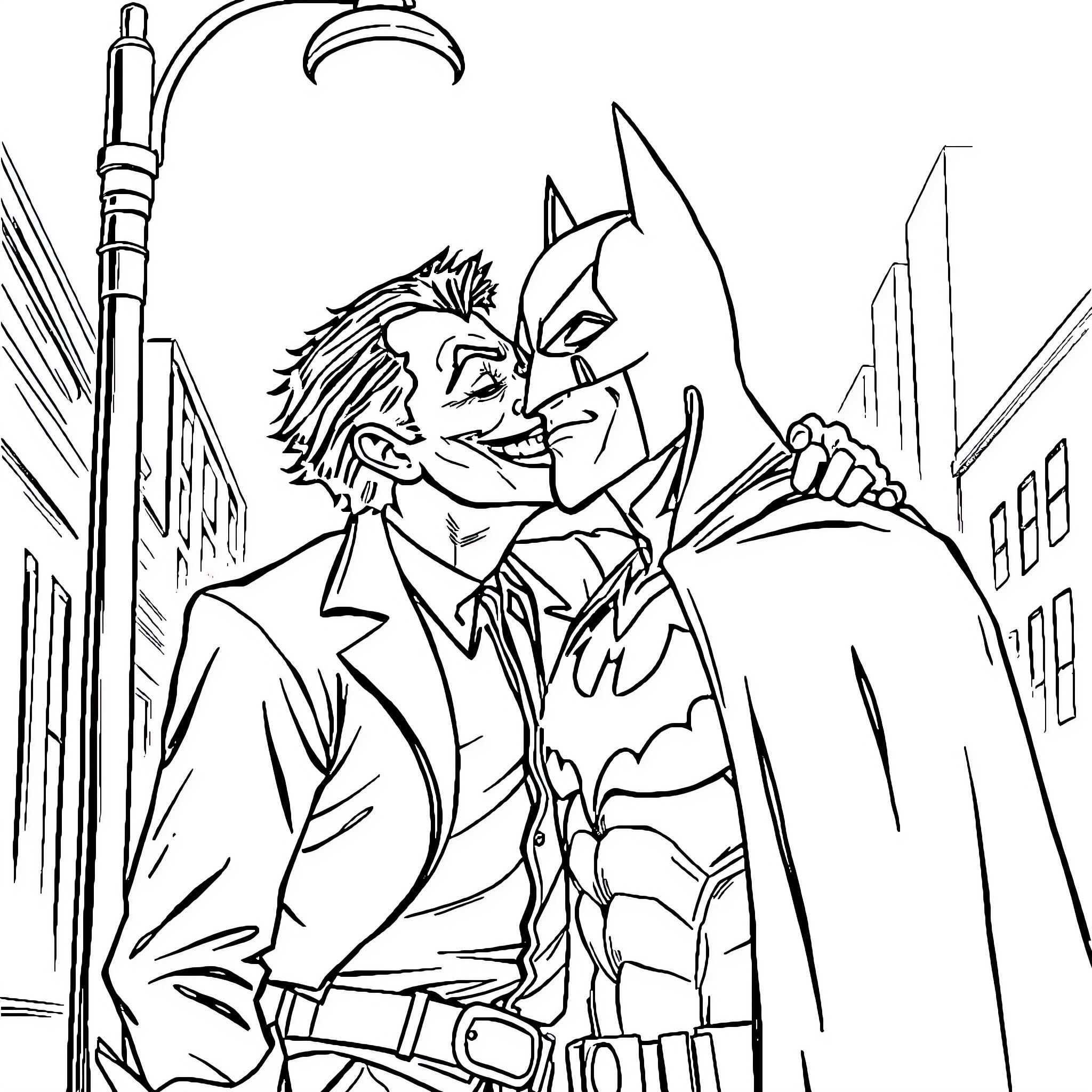 Joker confronting the Caped Crusader in the city Coloring Page (free black-and-white line drawing printable PDF for all, from beginners to advanced learners, including children, teens, adults, and seniors)