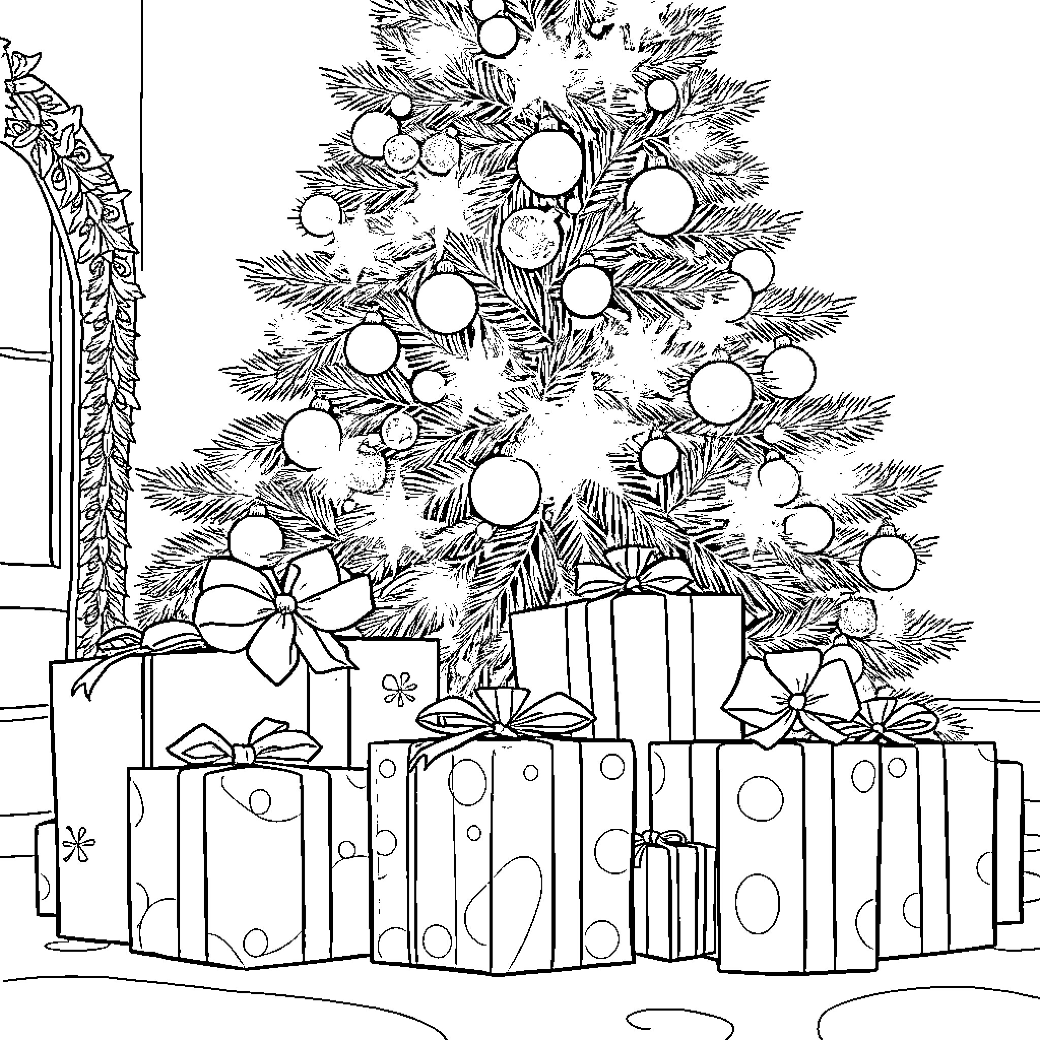 Christmas Present Surrounded by Decorated Tree and Gifts Coloring Page (free black-and-white line drawing printable PDF for all, from beginners to advanced learners, including children, teens, adults, and seniors)