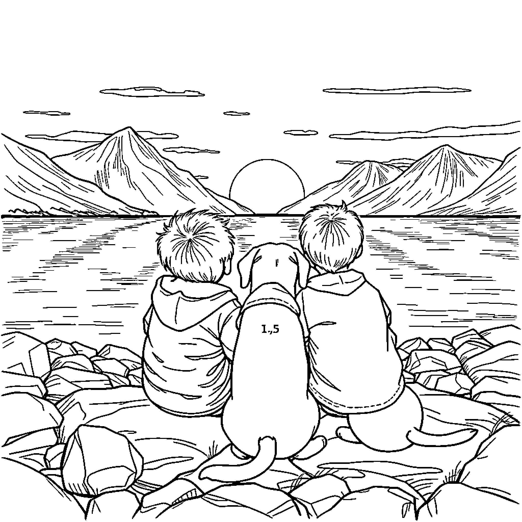 Boy observing scenic mountain landscape with friends Coloring Page (free black-and-white line drawing printable PDF for all, from beginners to advanced learners, including children, teens, adults, and seniors)