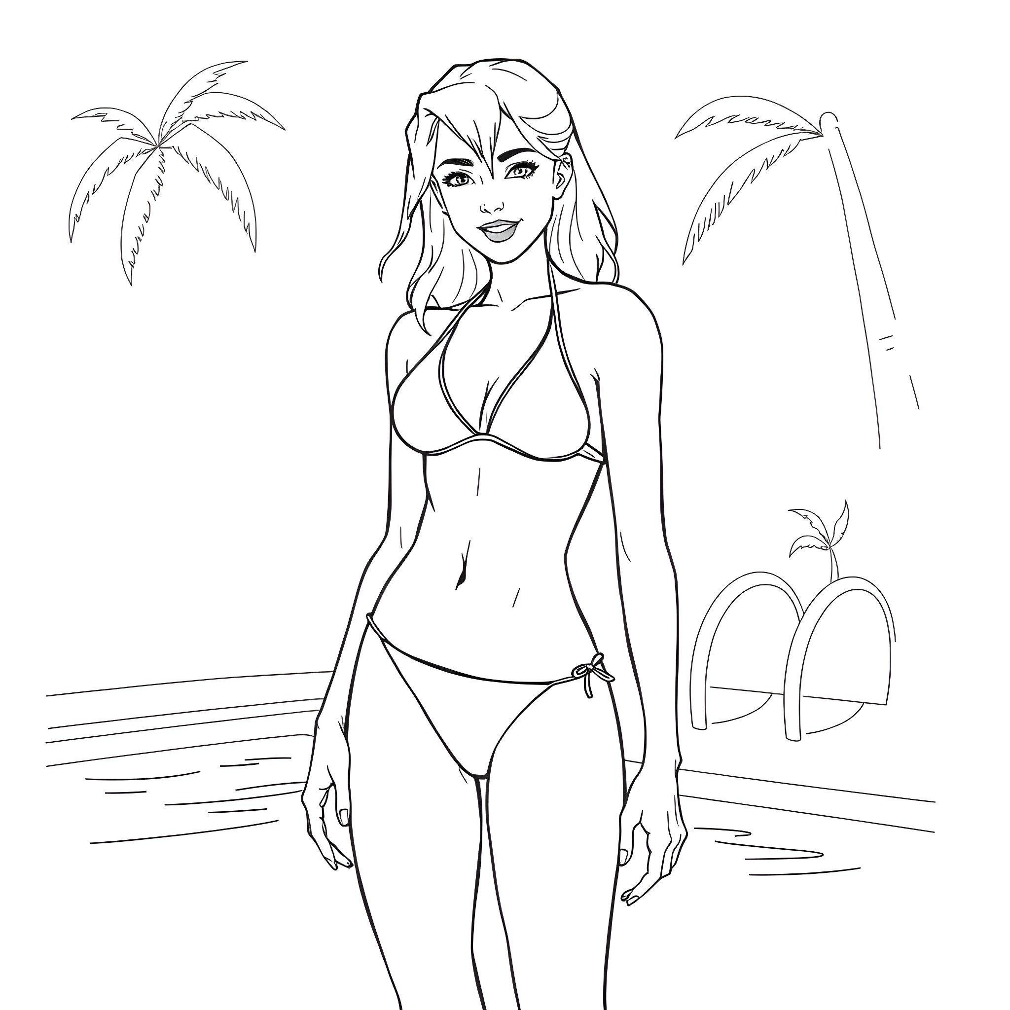Gwen Tennyson enjoying the beach in a bikini Coloring Page (free black-and-white line drawing printable PDF for all, from beginners to advanced learners, including children, teens, adults, and seniors)