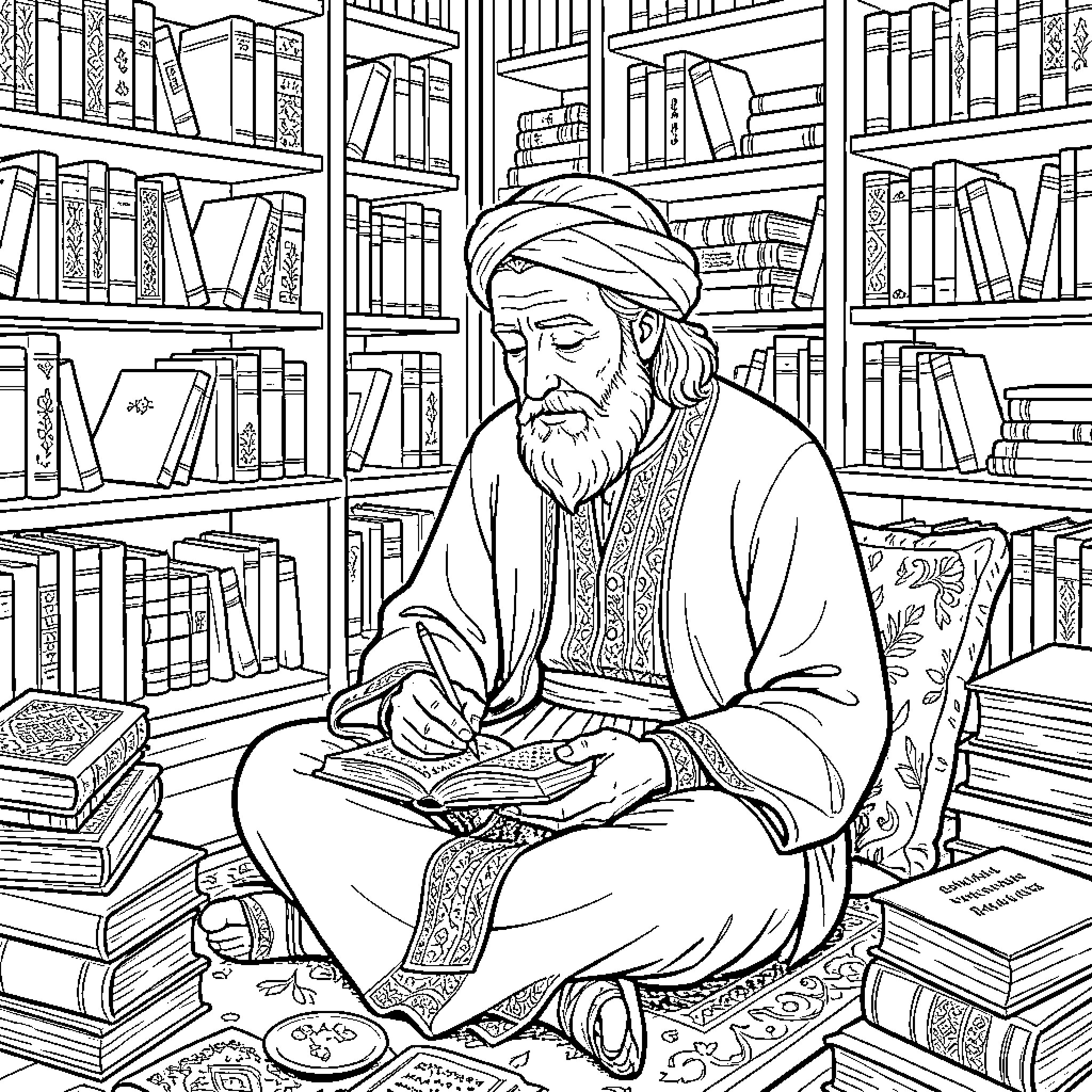 Rumi sitting cross-legged and writing in a book Coloring Page (free black-and-white line drawing printable PDF for all, from beginners to advanced learners, including children, teens, adults, and seniors)