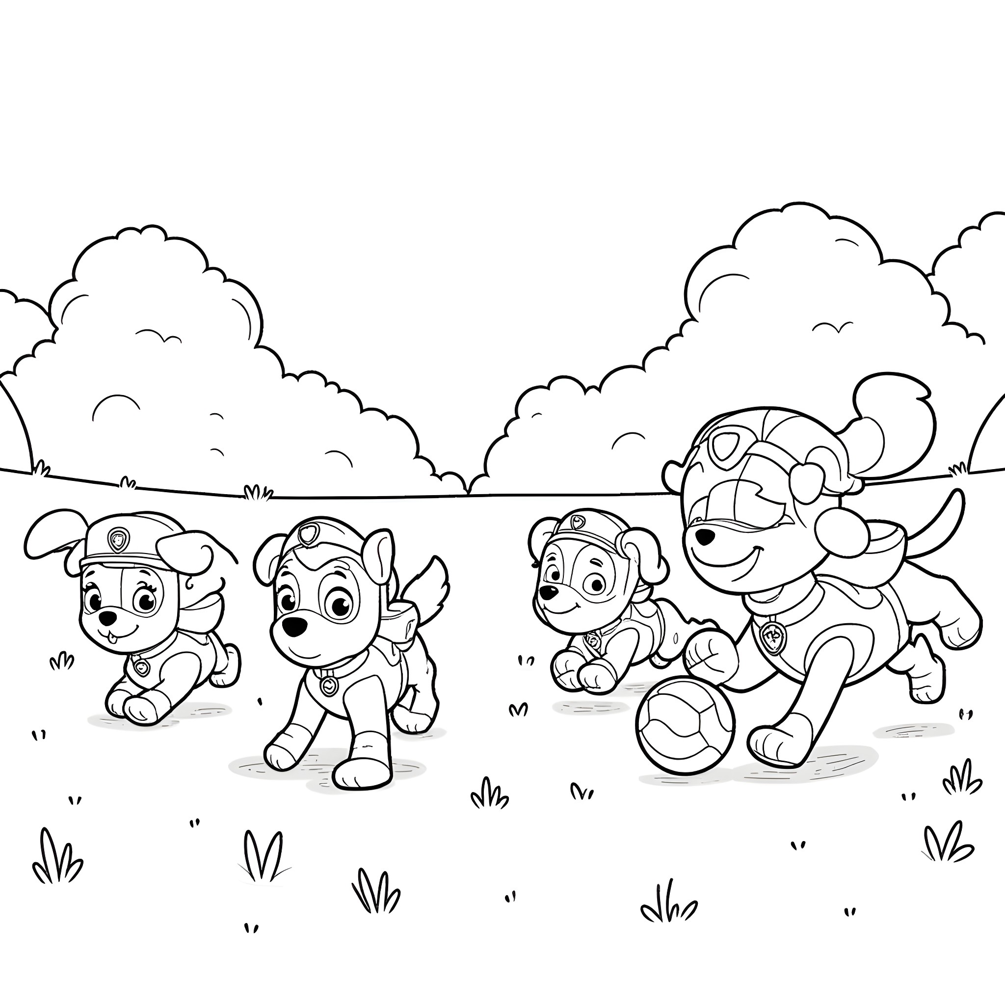 Dog friends playing in the park Coloring Page (free black-and-white line drawing printable PDF for all, from beginners to advanced learners, including children, teens, adults, and seniors)