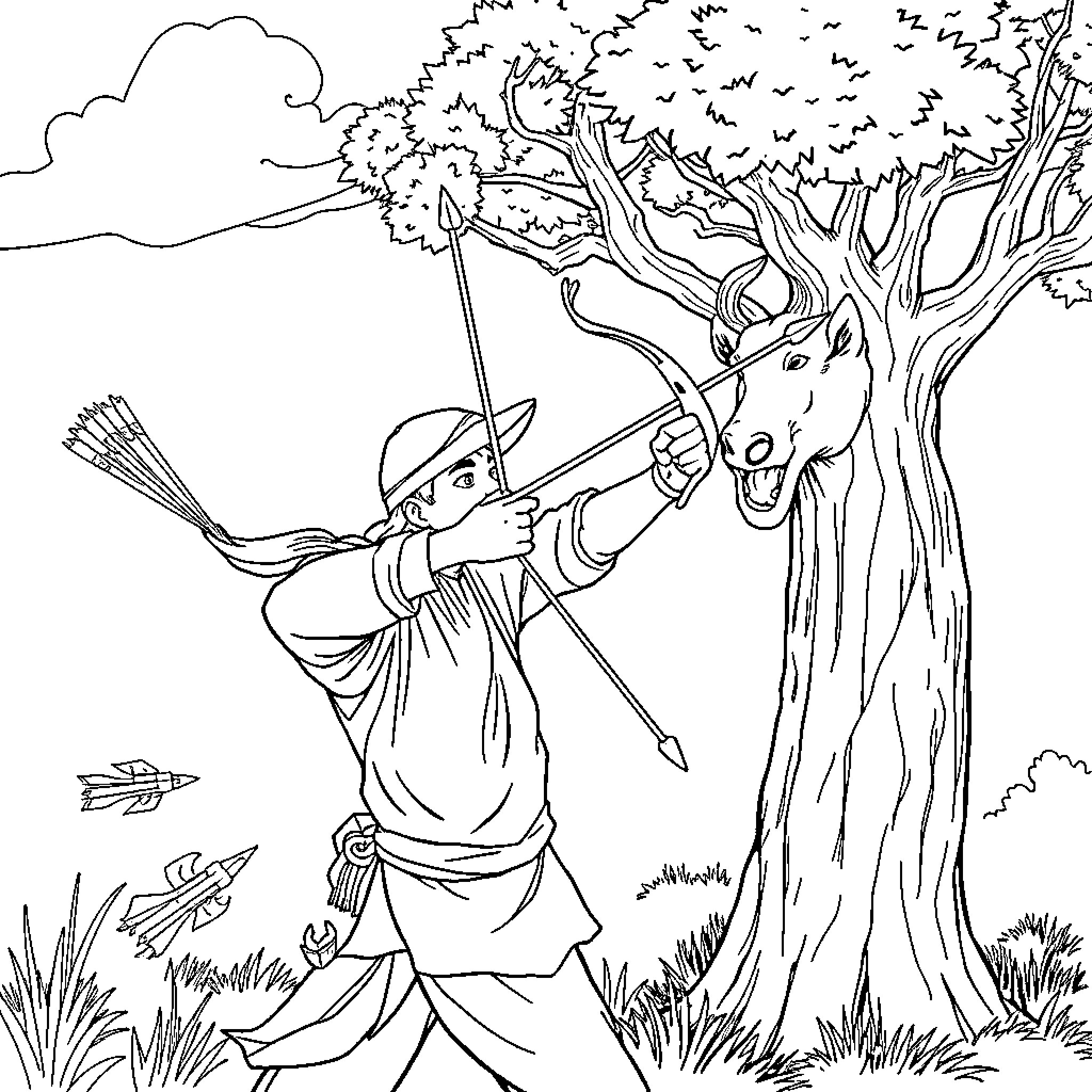 Archer preparing to shoot arrows from a wooded setting Coloring Page (free black-and-white line drawing printable PDF for all, from beginners to advanced learners, including children, teens, adults, and seniors)
