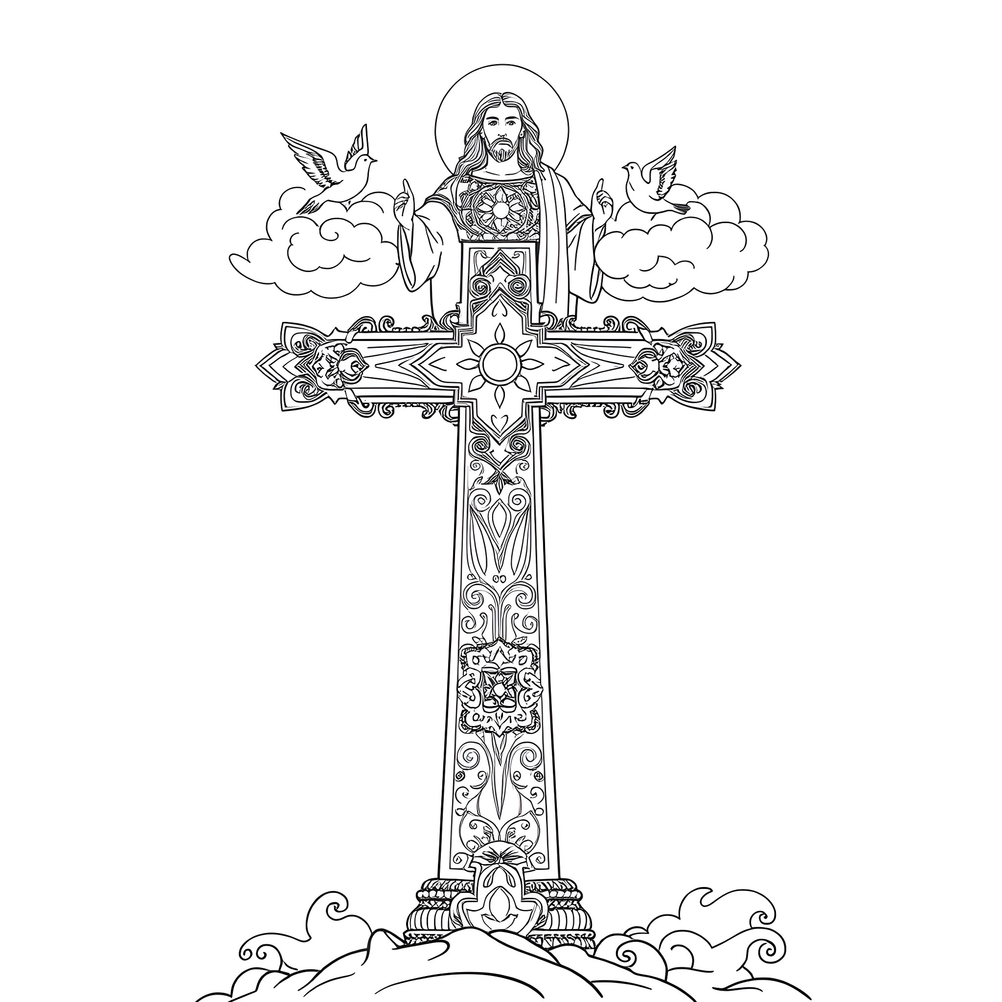 Cross with Jesus and heavenly symbols Coloring Page (free black-and-white line drawing printable PDF for all, from beginners to advanced learners, including children, teens, adults, and seniors)