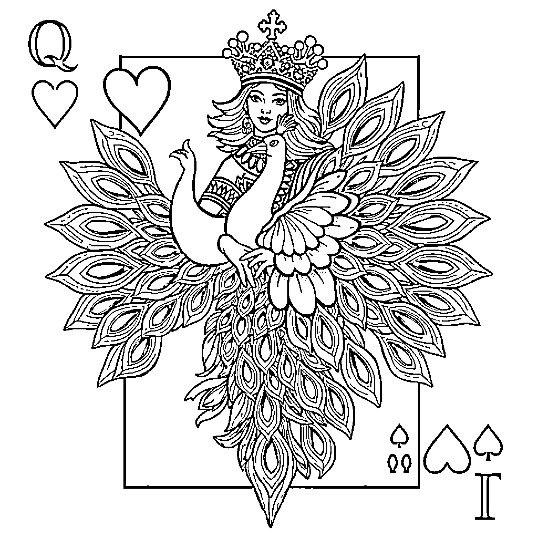 Peacock Queen in Regal Attire Coloring Page (free black-and-white line drawing printable PDF for all, from beginners to advanced learners, including children, teens, adults, and seniors)